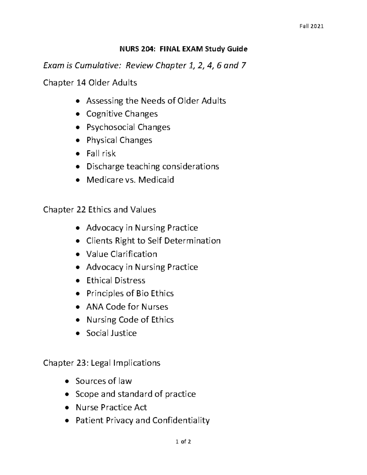 Final Study Guide for Professional Nursing 1 - Fall 2021 1 of 2 NURS ...