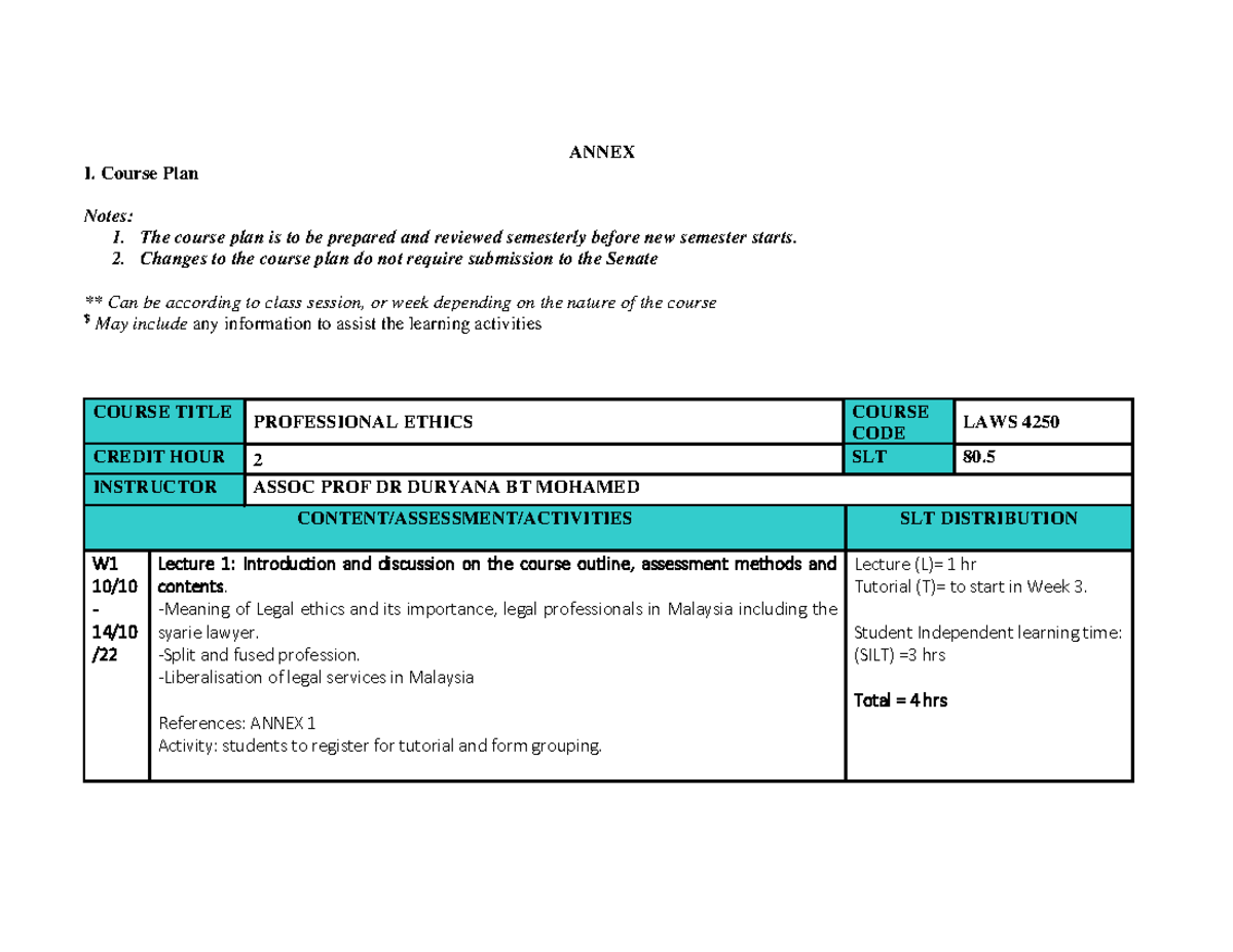 Course PLAN LAWS 4250 sem 1 2022-23 - ANNEX I. Course Plan Notes: 1 ...
