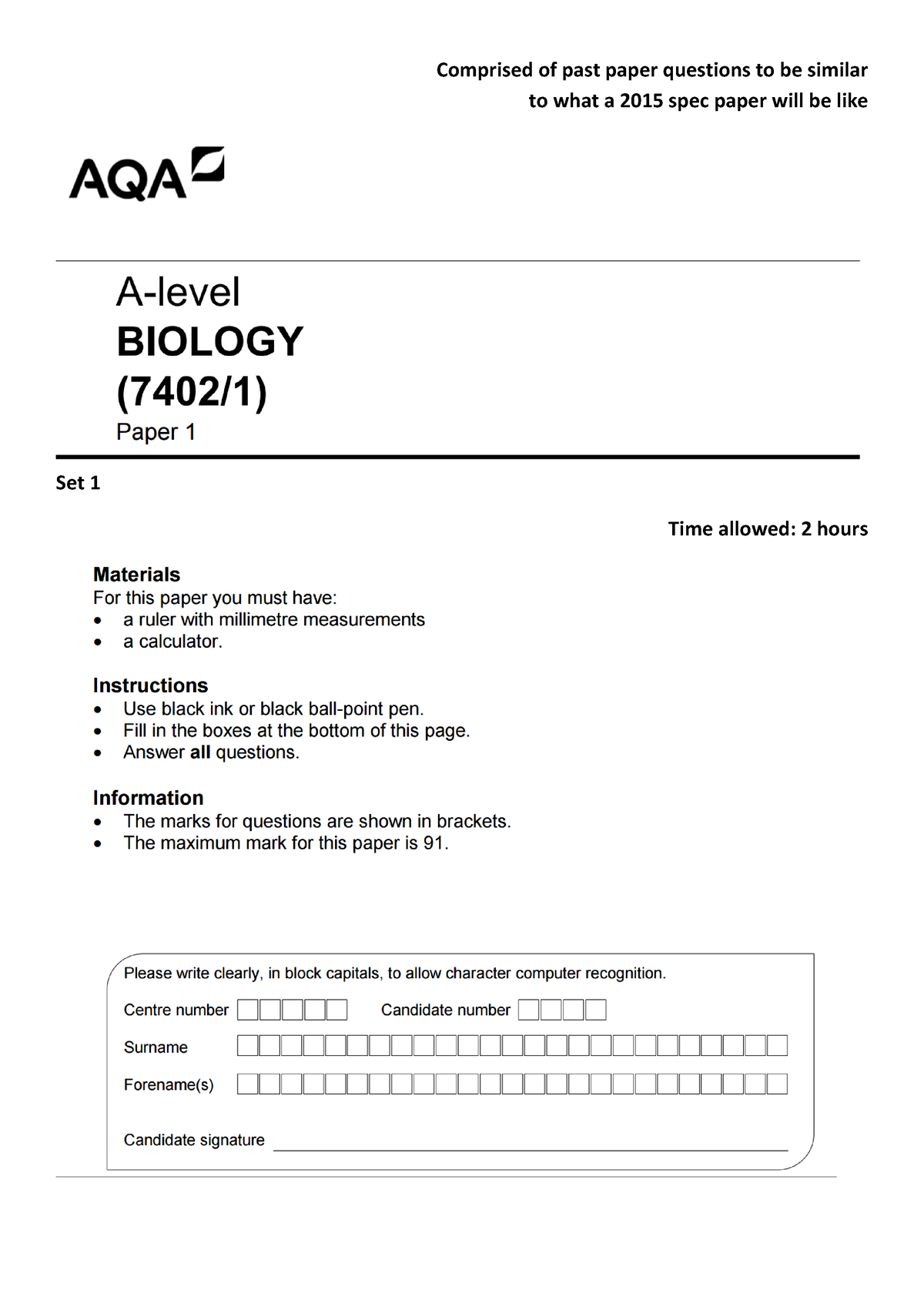 New Spec A Level Biology AQA Paper 1 Mock Set 1 - Comprised Of Past ...