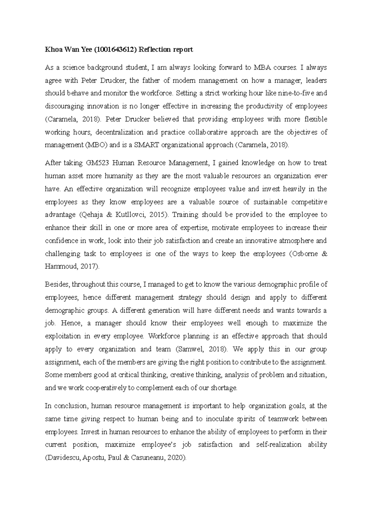 Khoa Wan Yee 1001643612 GM523 HRM Reflective report - Khoa Wan Yee ...