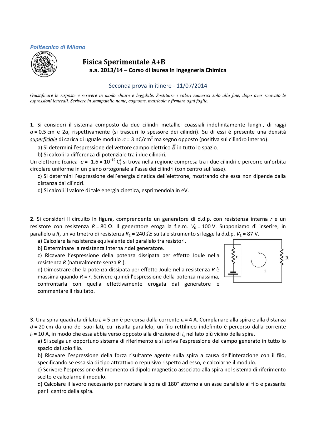 II Prova In Itinere 11 Luglio 2014, Testo E Soluzioni - Politecnico Di ...