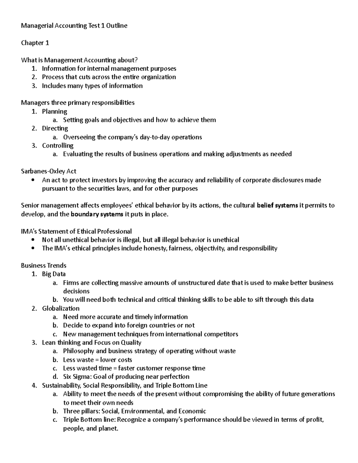 Sophomore Managerial Accounting Test 1 Outline