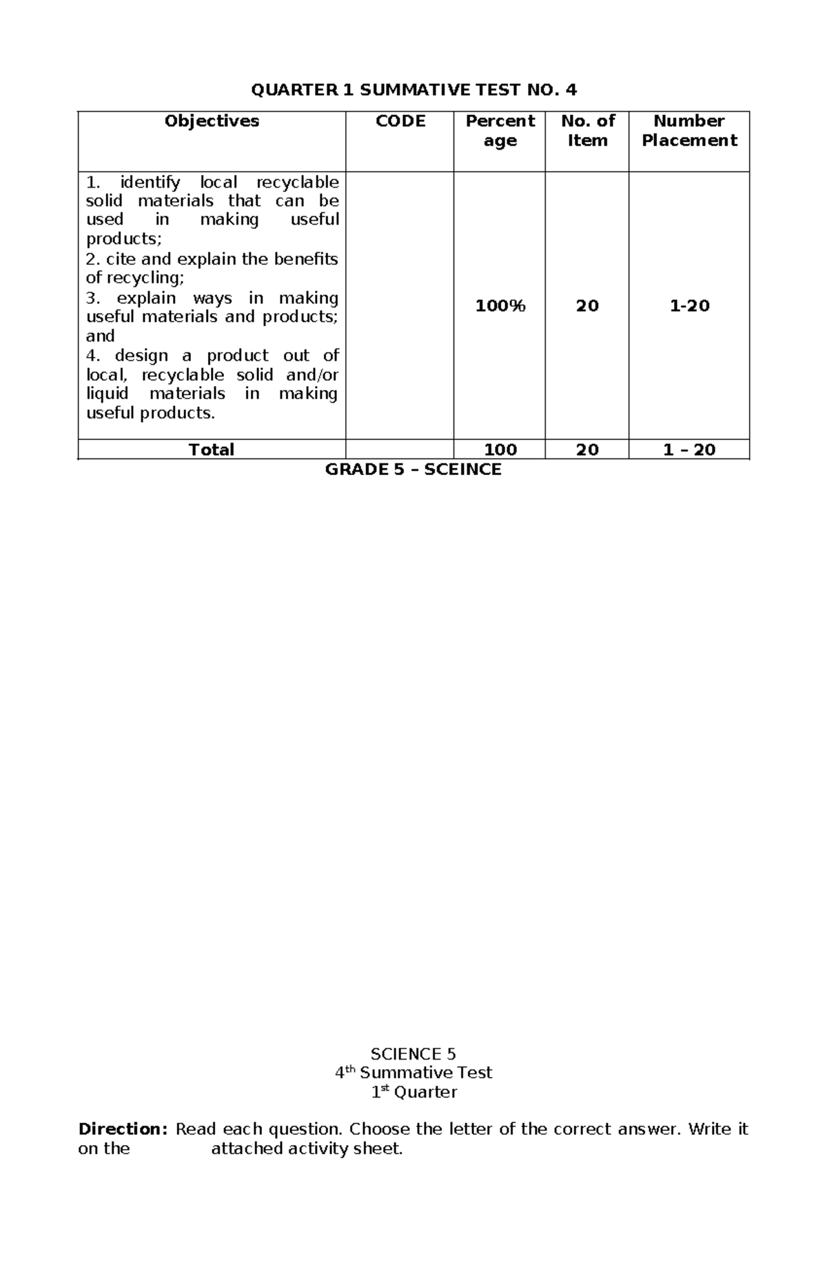 Science 5 ST 4 - additional activities - QUARTER 1 SUMMATIVE TEST NO. 4 ...