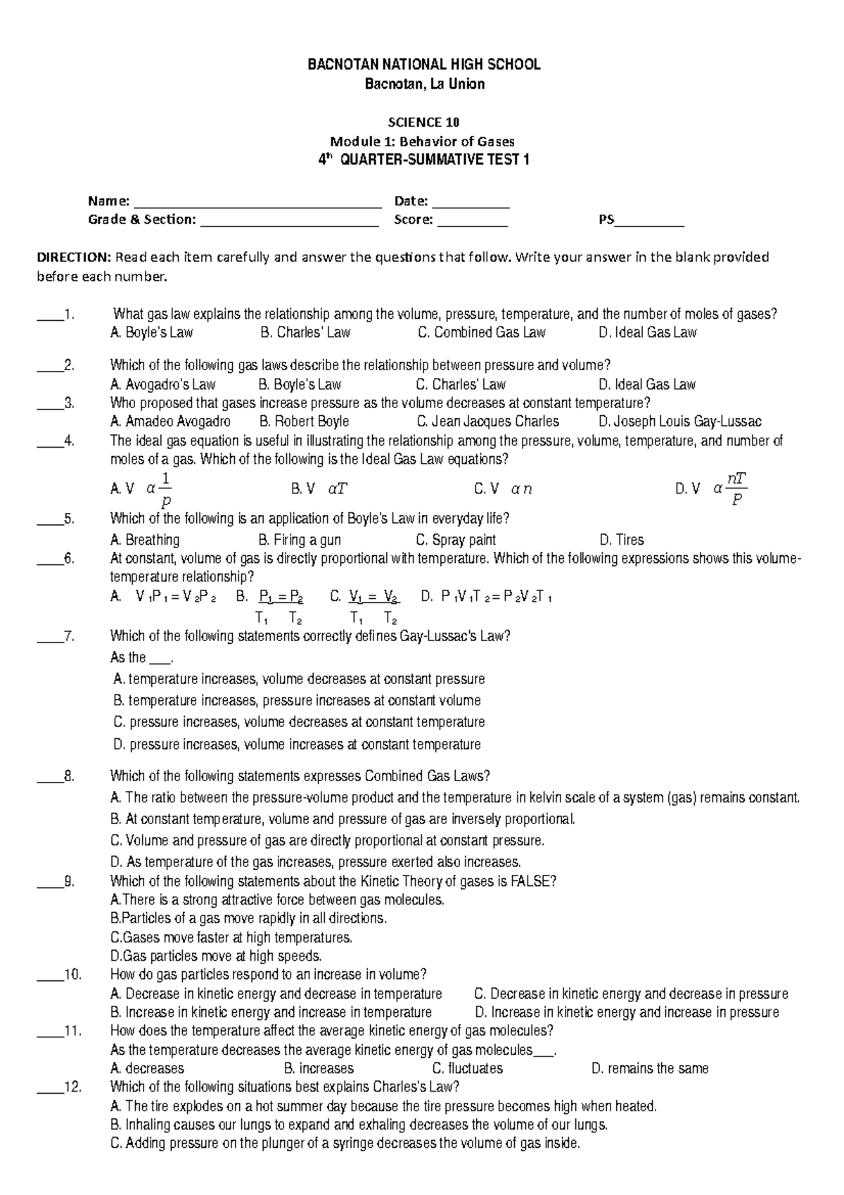 Q4 Summative test in Math - BACNOTAN NATIONAL HIGH SCHOOL Bacnotan, La ...