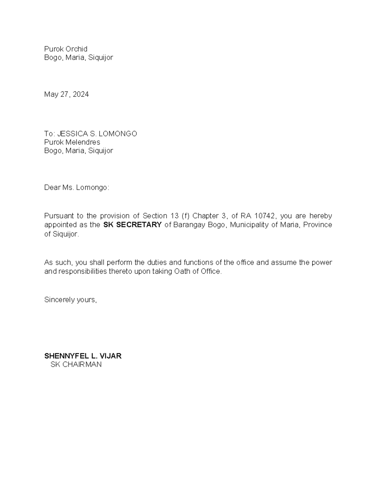 Appointment - civilian letter - Purok Orchid Bogo, Maria, Siquijor May ...