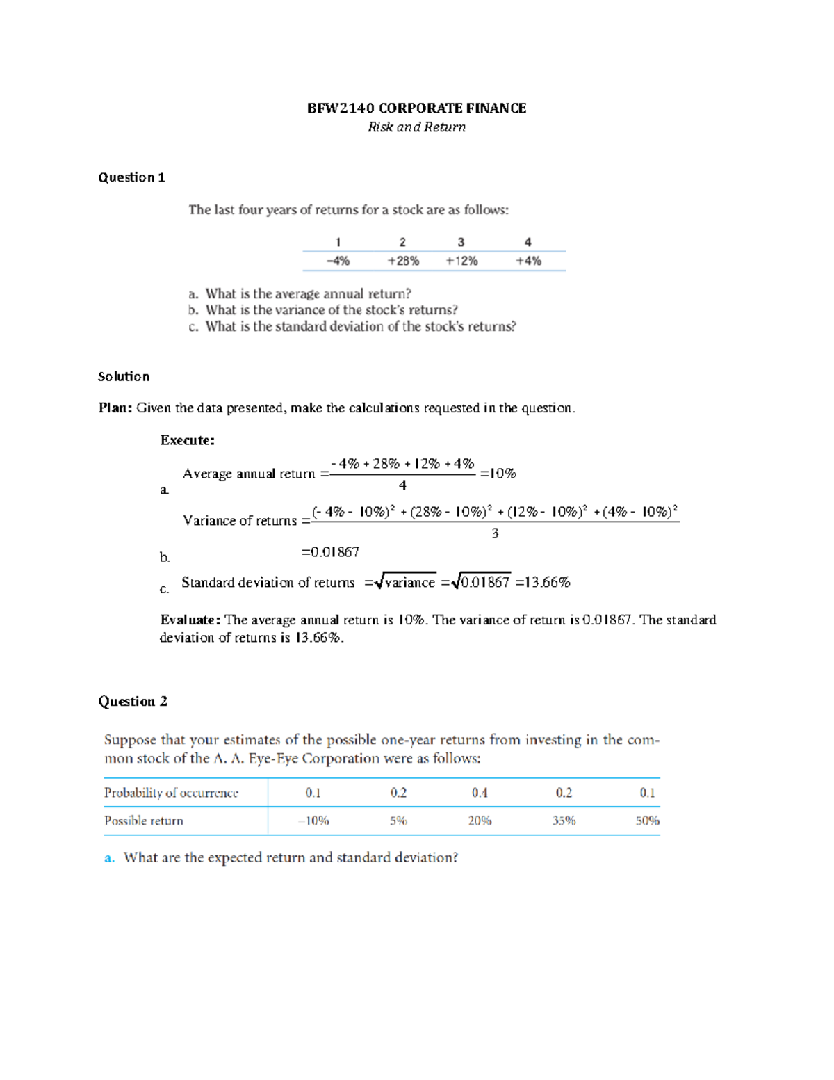 Tutorial Week 9 (risk And Return) - International Financial Management ...