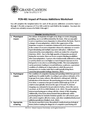 Week 3 - process addictions worksheet week 6 - Nicholas A. Garcia PCN ...