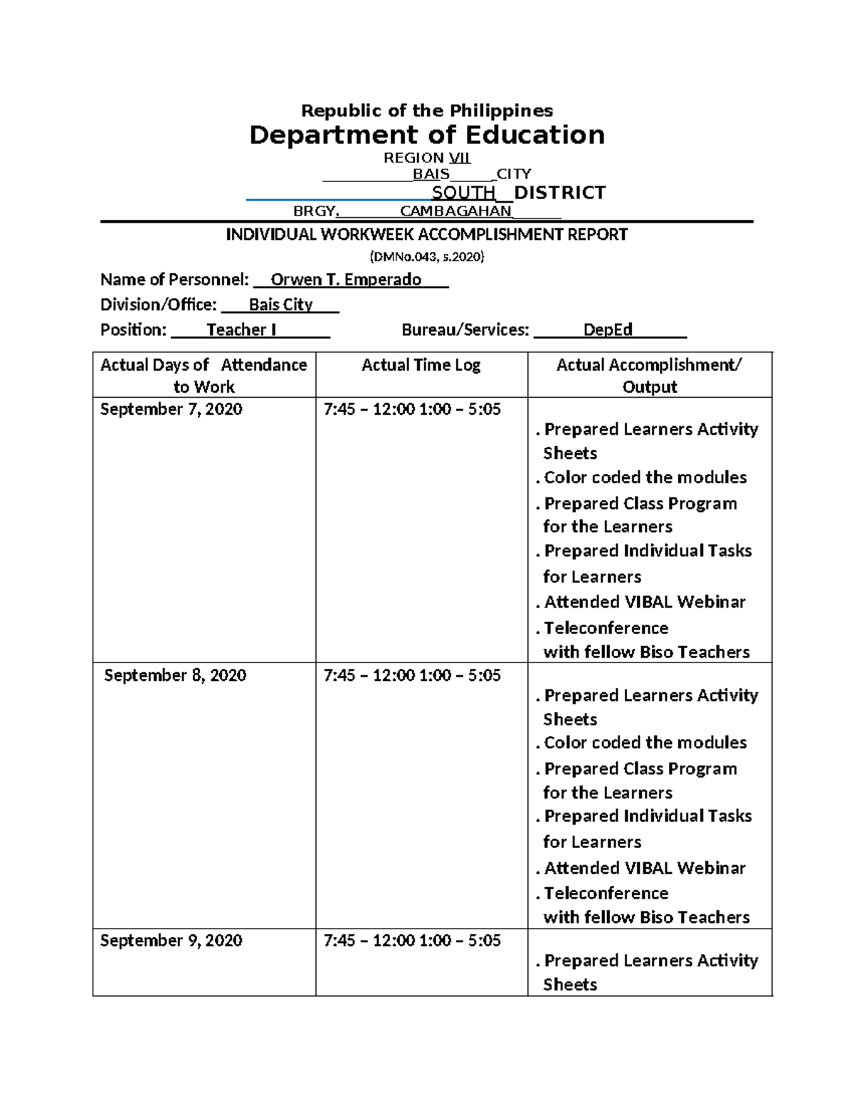 Individual Workweek September 7-11 - Republic of the Philippines ...