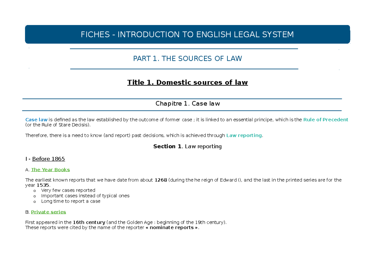 Introduction Au Système Juridique Anglais - PART 1. THE SOURCES OF LAW ...