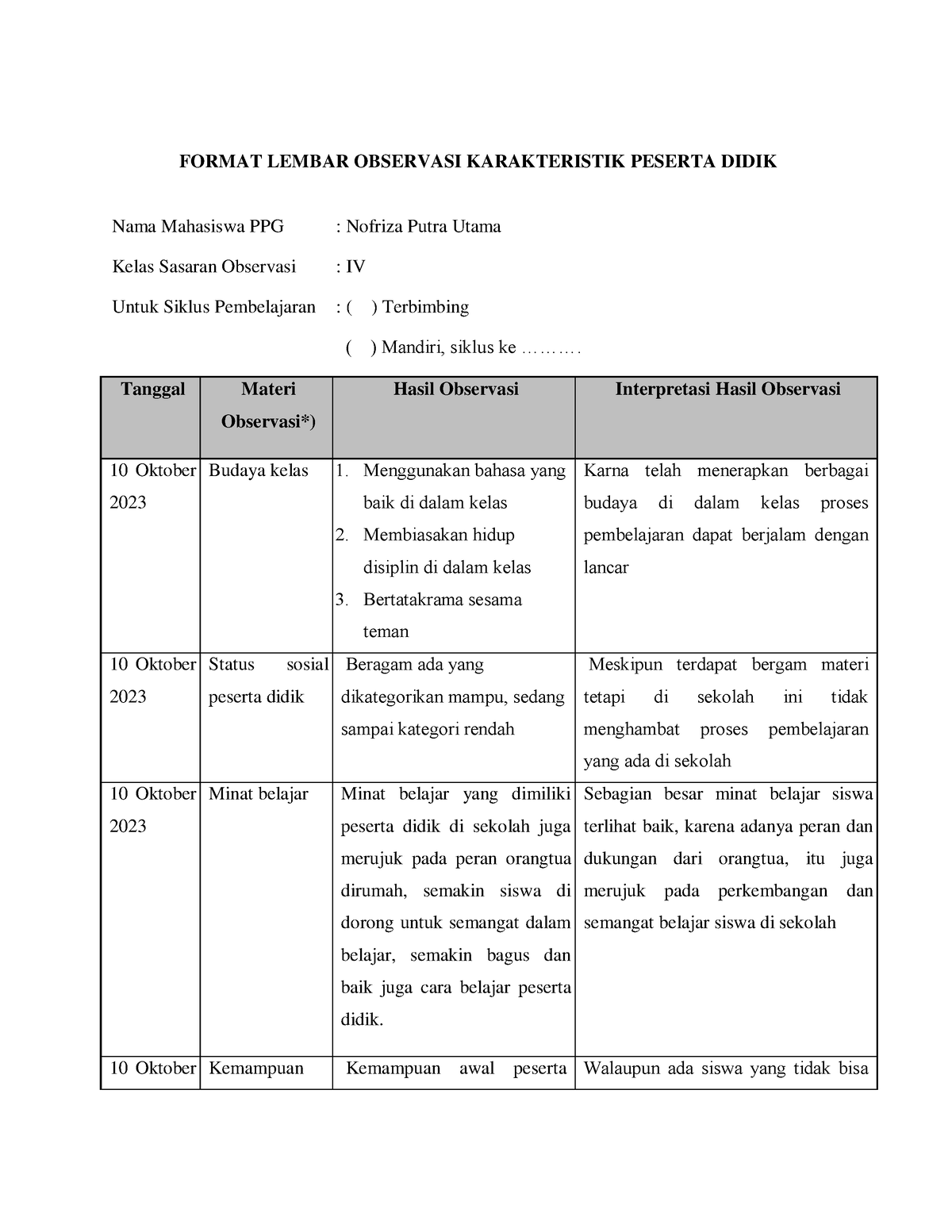 B2-3. LK 2b Contoh Format Lembar Observasi Karakteristik Peserta Didik ...