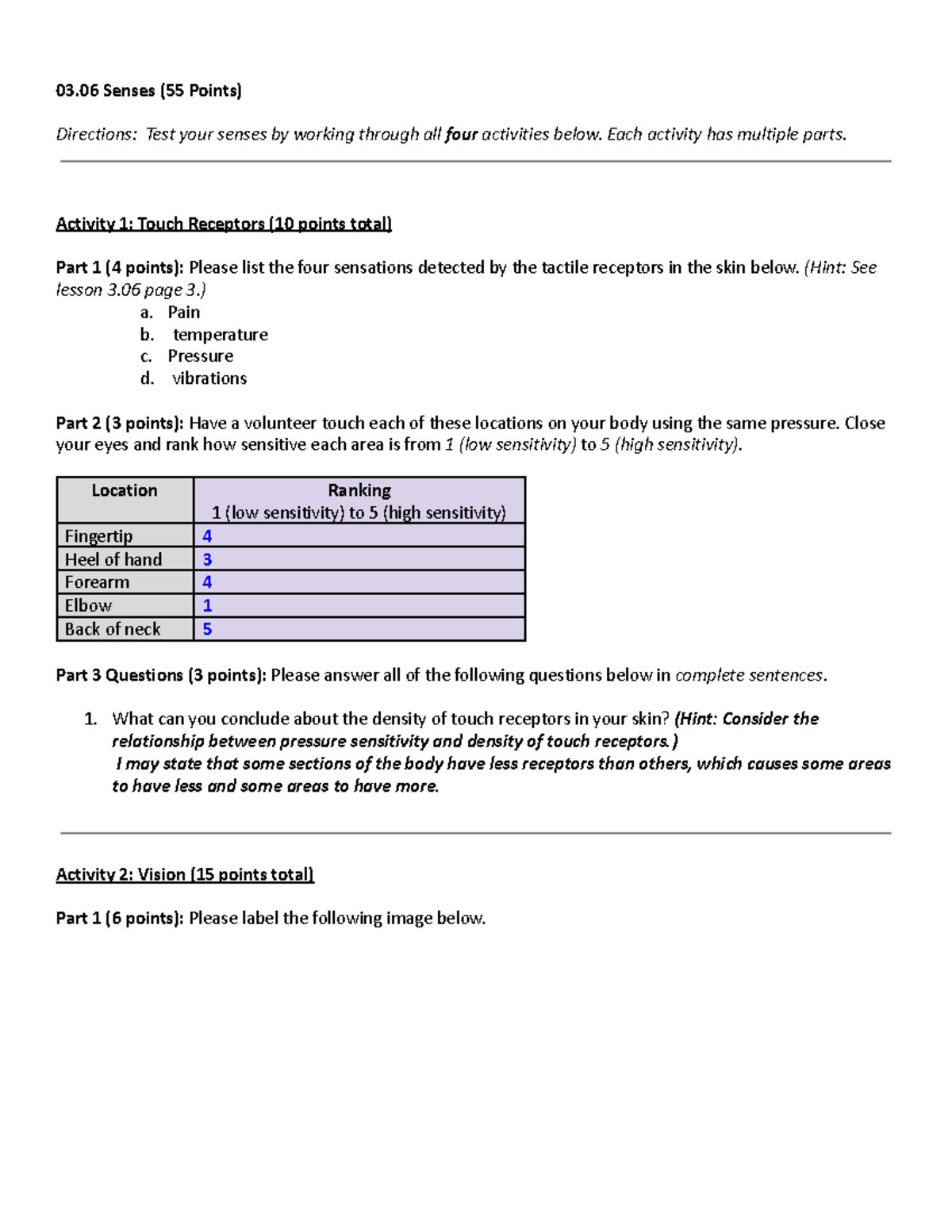 3.06 senses - I got a 80 on this - 03 Senses (55 Points) Directions ...