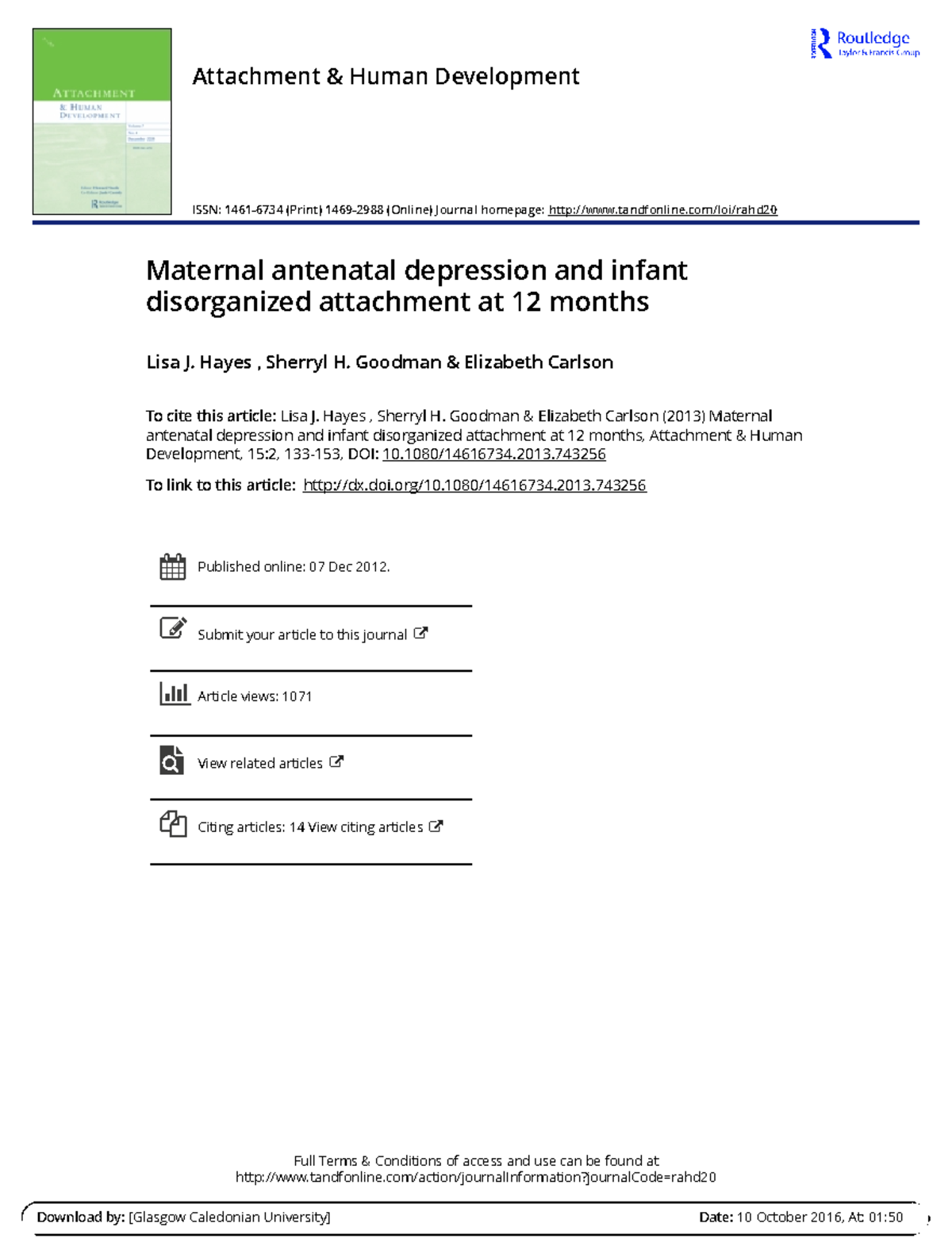 Maternal antenatal depression and infant disorganized attachment at 12 ...