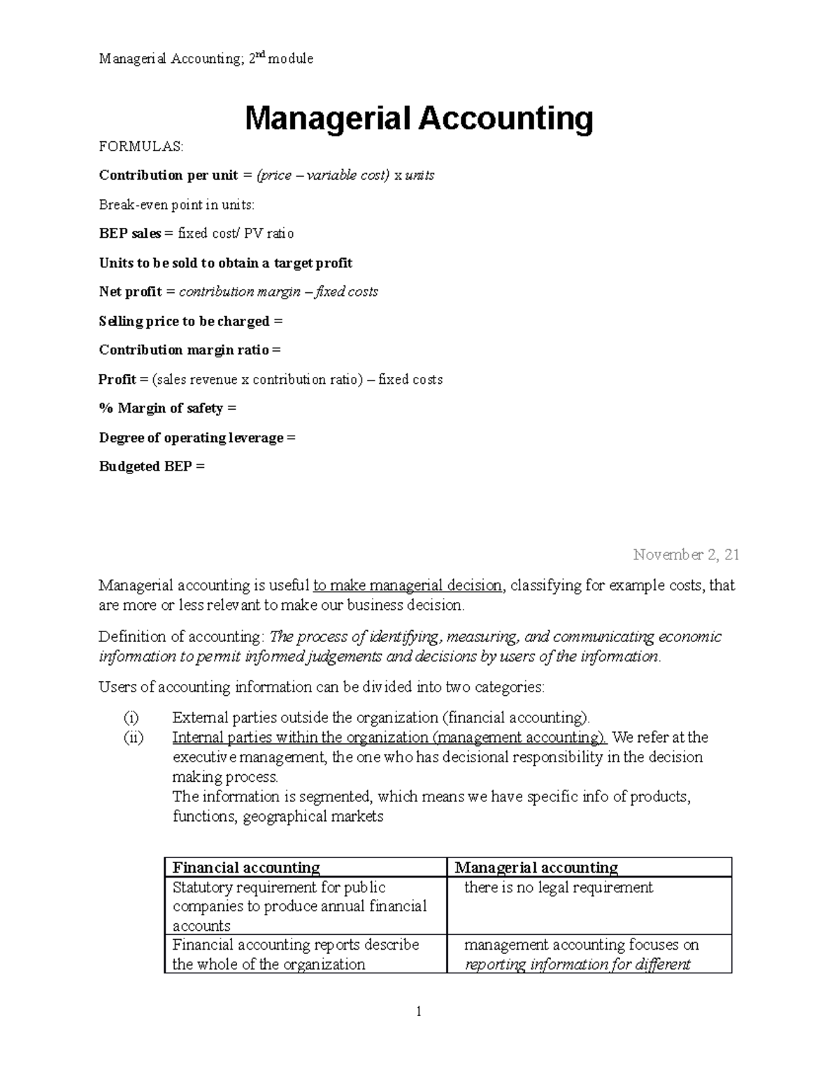 Managerial Accounting - Managerial Accounting Formulas: Contribution 