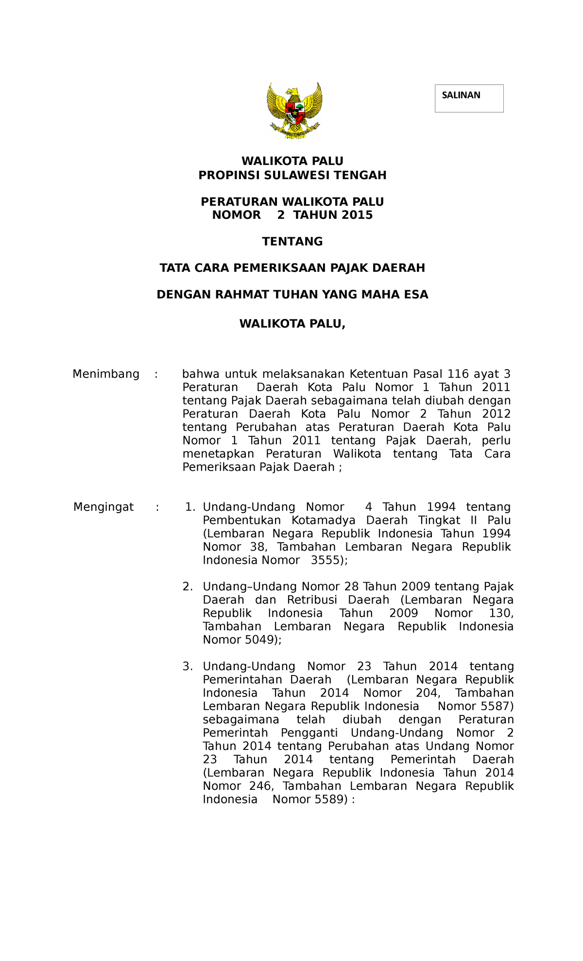 Perwali Nomor 2 Tahun 2015 - WALIKOTA PALU PROPINSI SULAWESI TENGAH ...