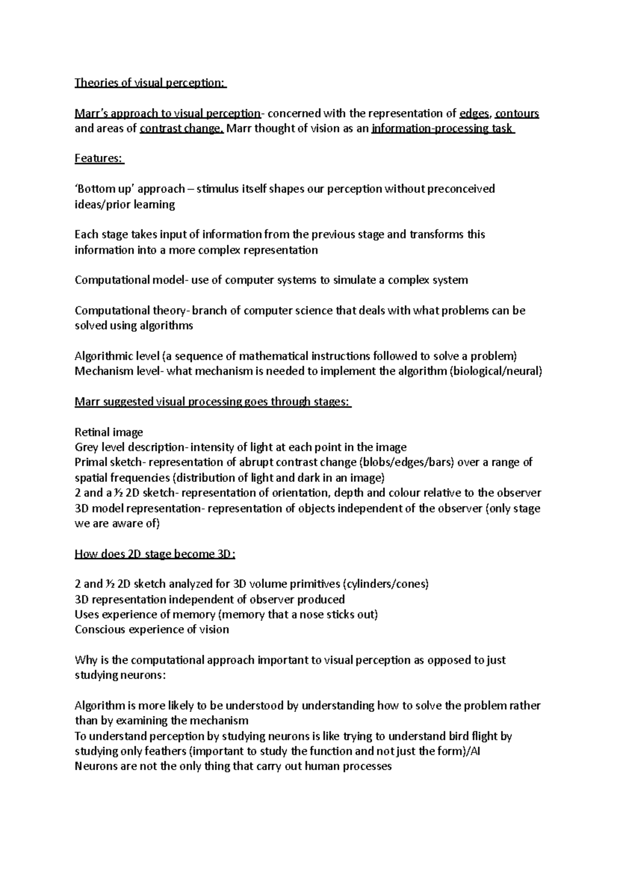 5 - lecture notes - Theories of visual perception: Marr’s approach to ...