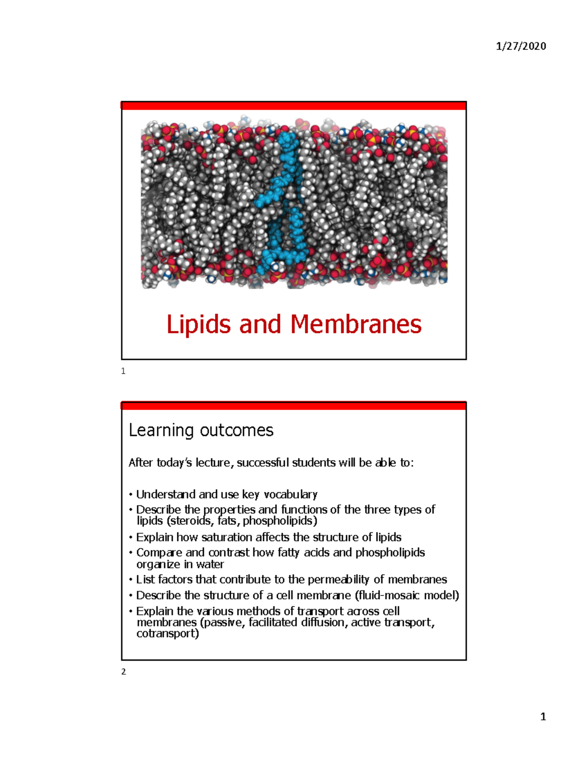 Lecture 07 - Jan28 - Lipids and Membranes - Lipids and Membranes ...