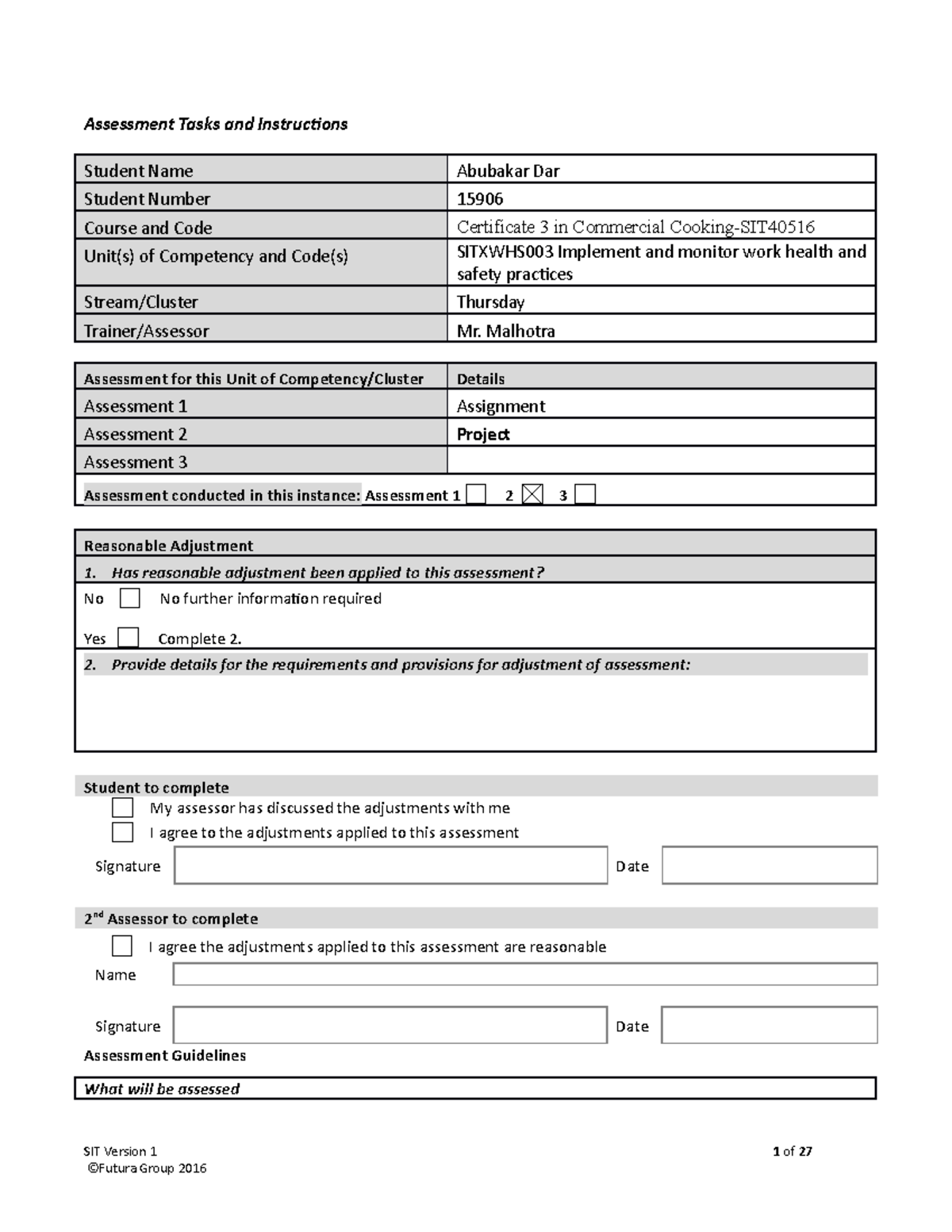 Sitxwhs 003 2 - Commercial cookery - Assessment Tasks and Instructions ...