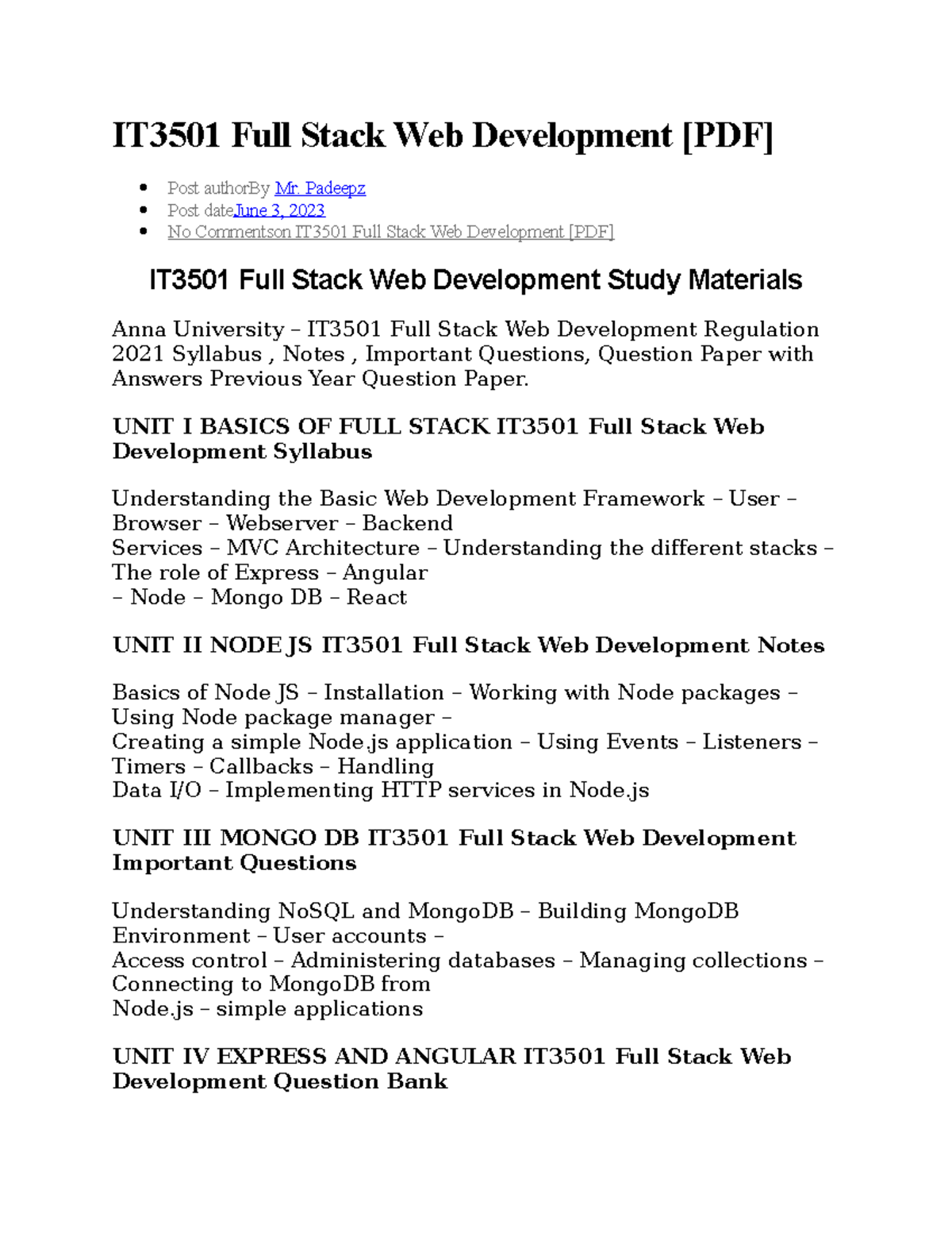 Syllabus - 787i69 y7u67n y65yb vy - IT3501 Full Stack Web Development ...