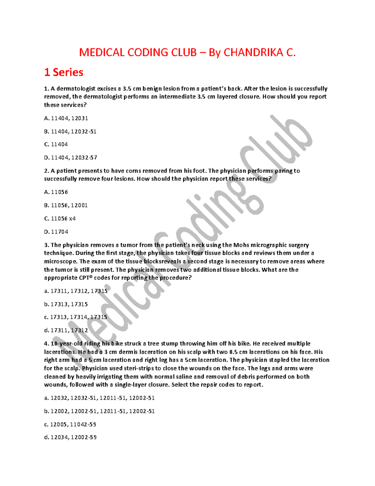 1 Series - cpt - MEDICAL CODING CLUB – By CHANDRIKA C. 1 Series A ...