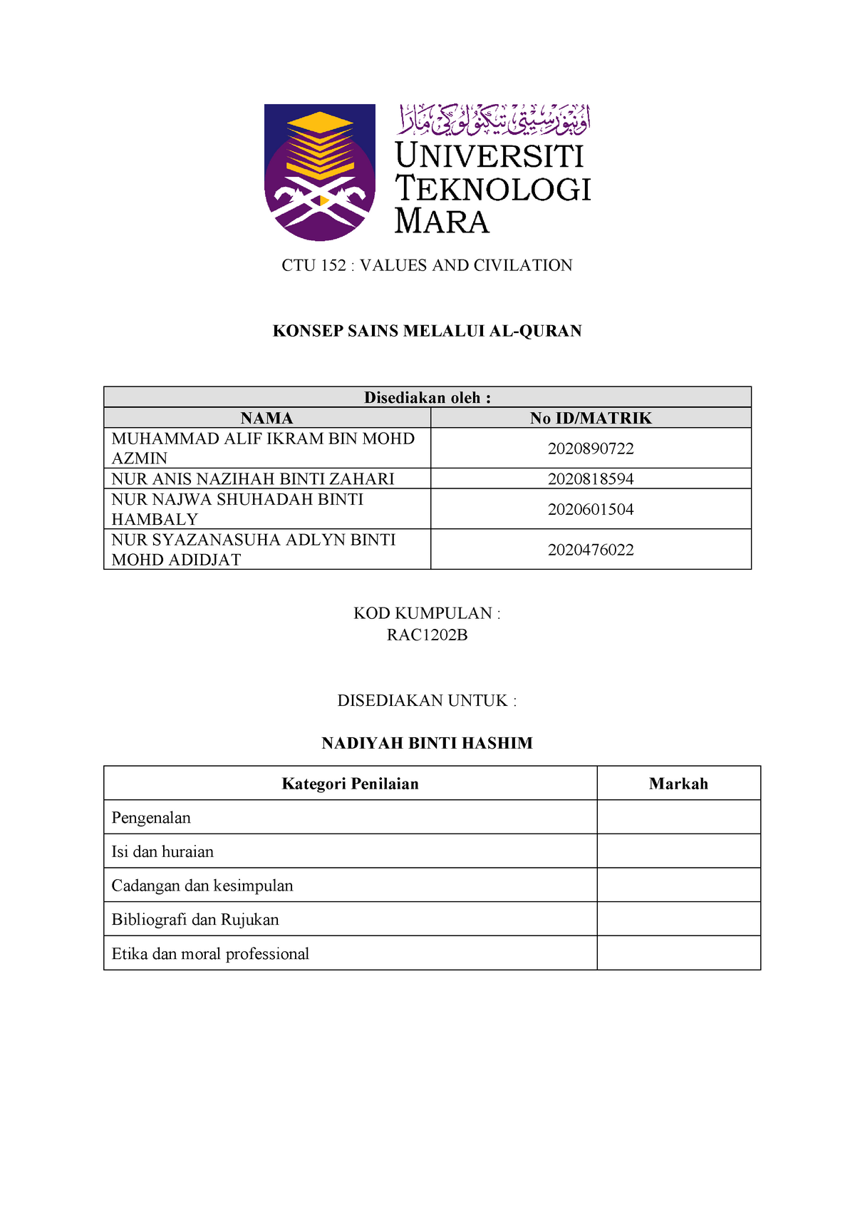 Konsep Sains Melalui Al Quran Rac1202b Kertas Kerja Accounting Studocu