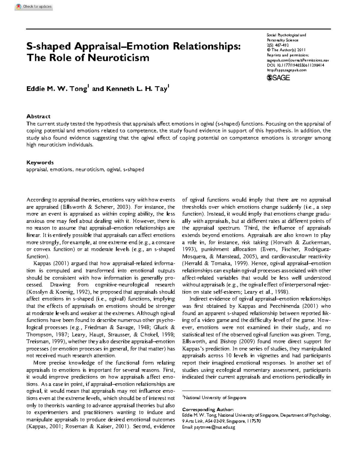 Tong Tay 2011 S Shaped Appraisal Emotion Relationships The Role Of ...