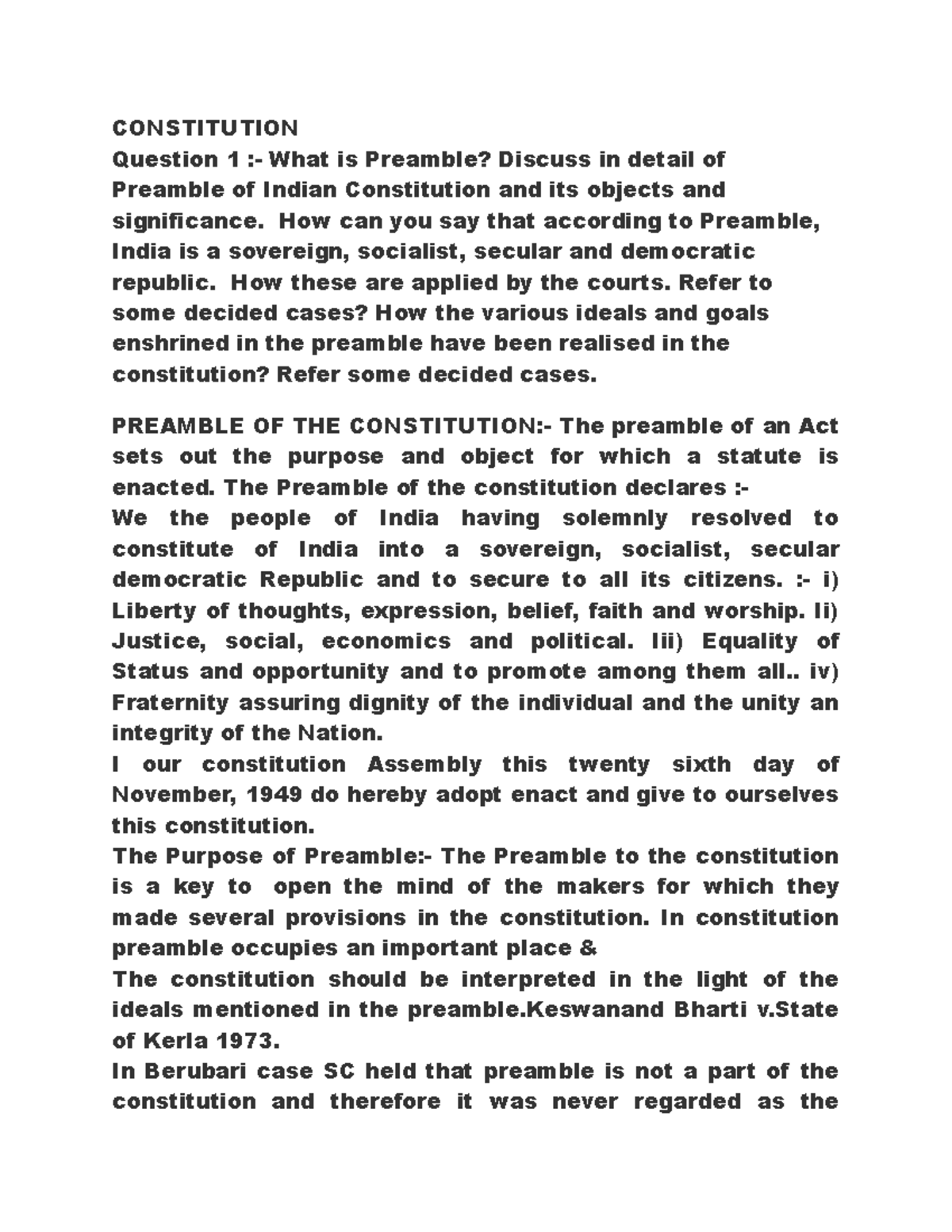 Constitution Constution CONSTITUTION Question 1 What is Preamble