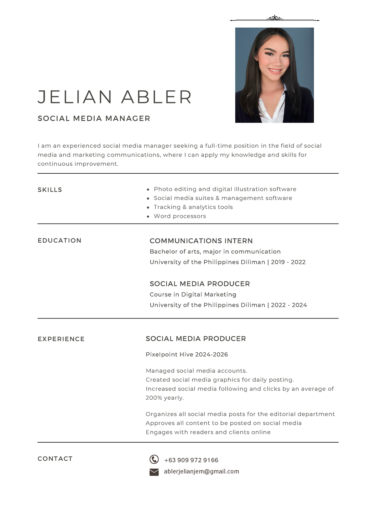 Black And White Minimalistic Simple Resume - +63 909 972 9166 