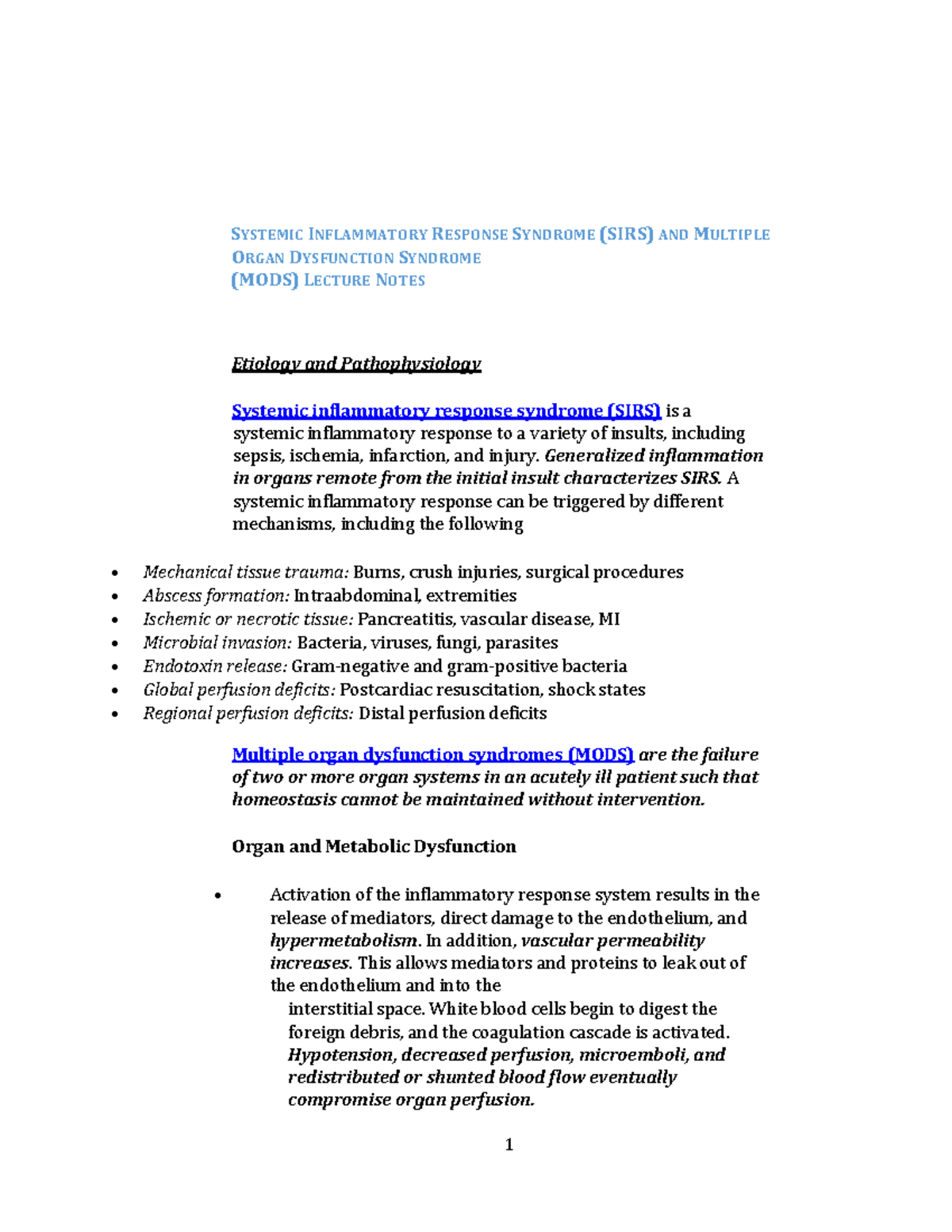 SIRS MODS lecture notes - SYSTEMIC INFLAMMATORY RESPONSE SYNDROME (SIRS ...