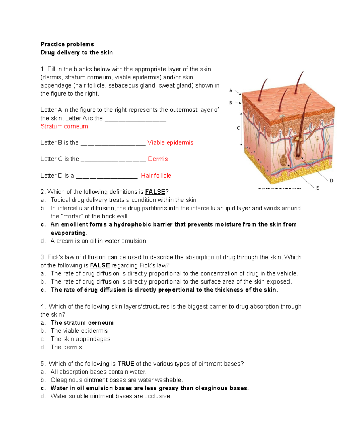 Practice problems - Drug delivery to the skin - KEY - Practice problems ...