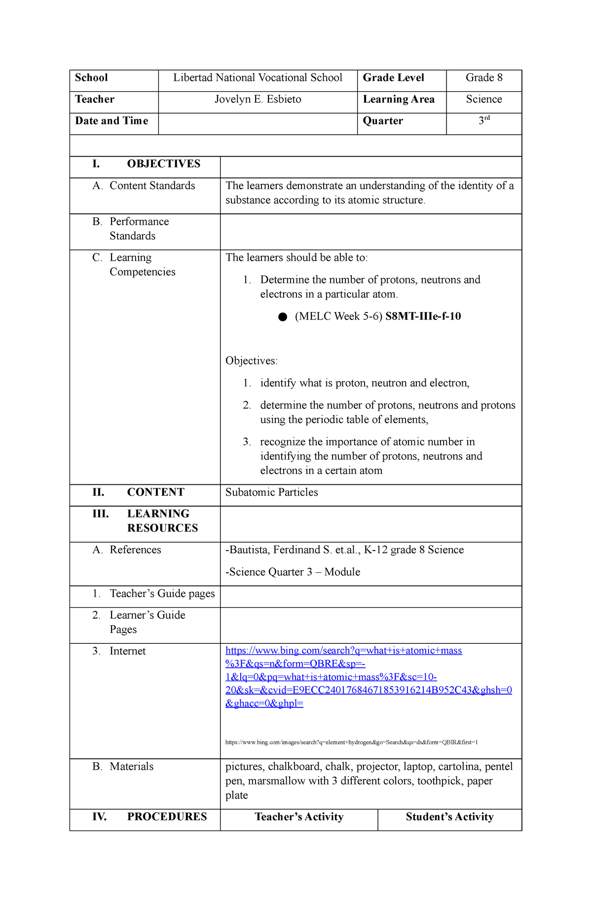 Lesson plan CO Subatomic Particles - School Libertad National ...