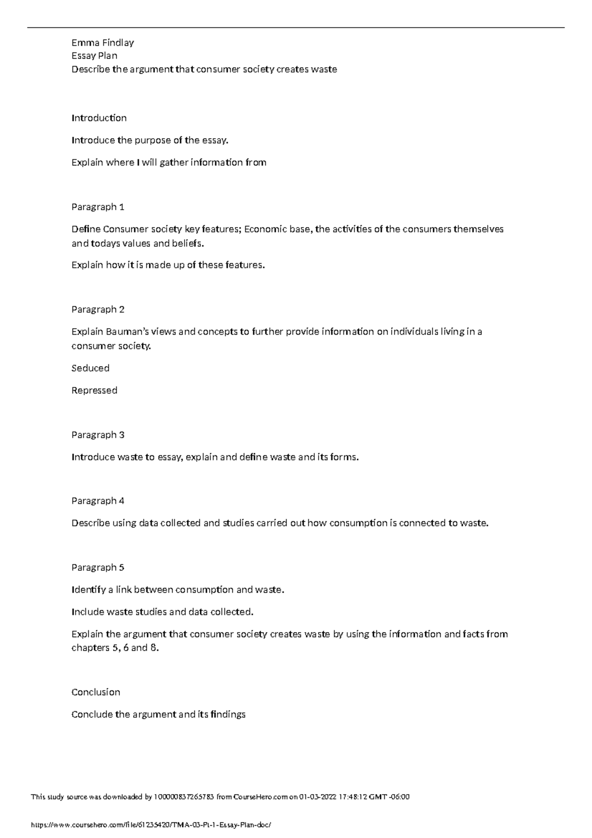 Tma03 essay plan - Emma Findlay Essay Plan Describe the argument that ...