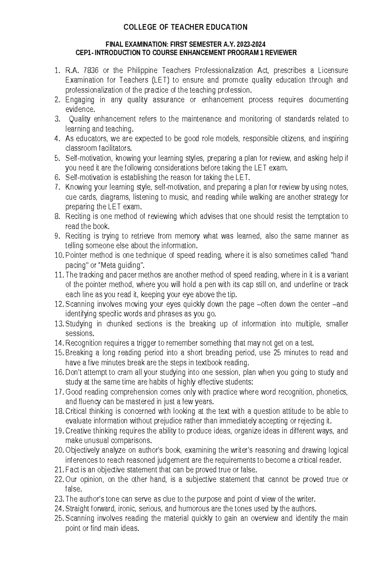 CEP-1- Reviewer - CEP1 - COLLEGE OF TEACHER EDUCATION FINAL EXAMINATION ...
