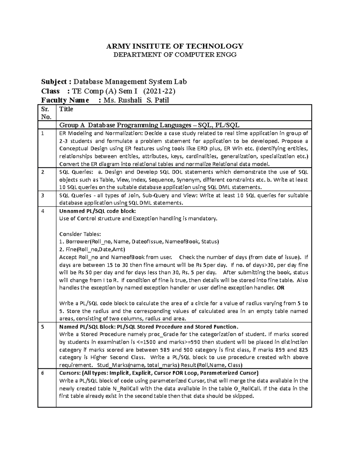DBMS List of Assignment 21-22 - ARMY INSITUTE OF TECHNOLOGY DEPARTMENT ...