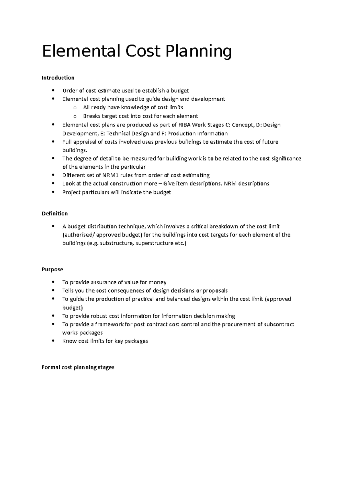 Lecture 7 Elemental Cost Planning Elemental Cost Planning 