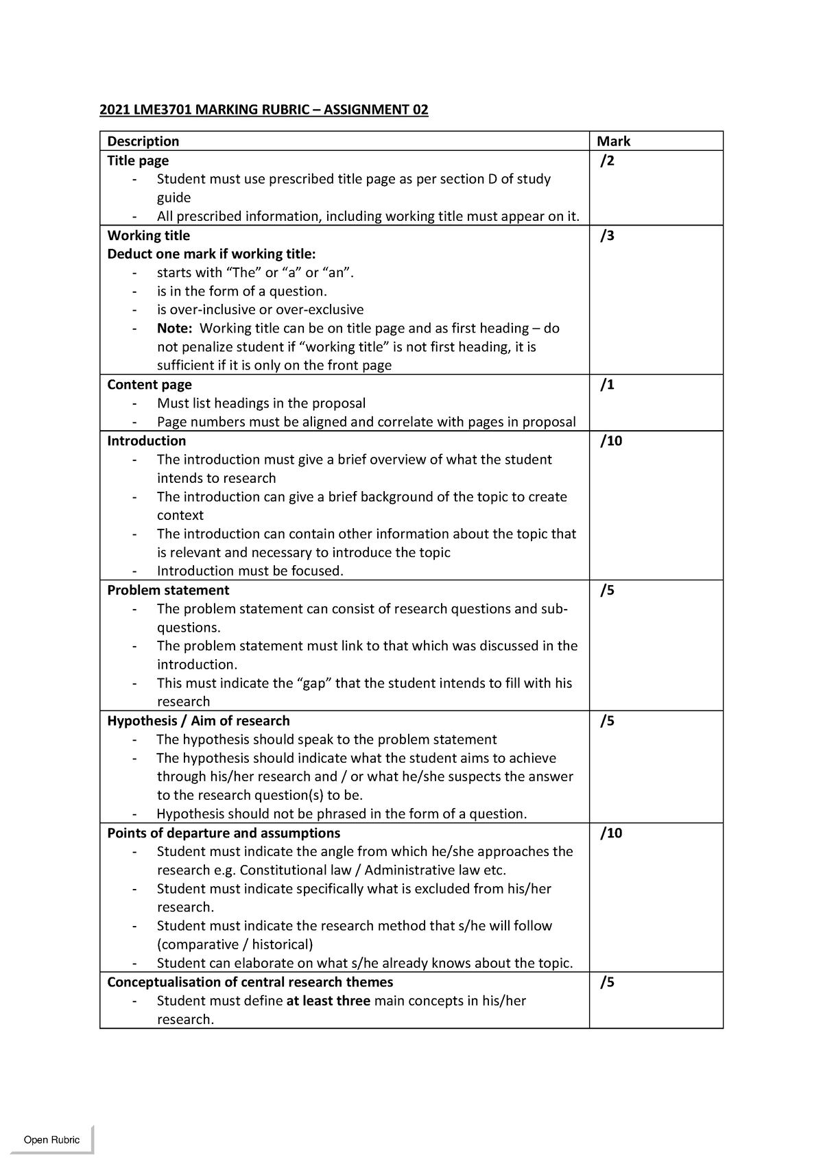 Lme3701 - 2022 Assignment 2 Marking Rubric May 2022 - 2021 Lme3701 