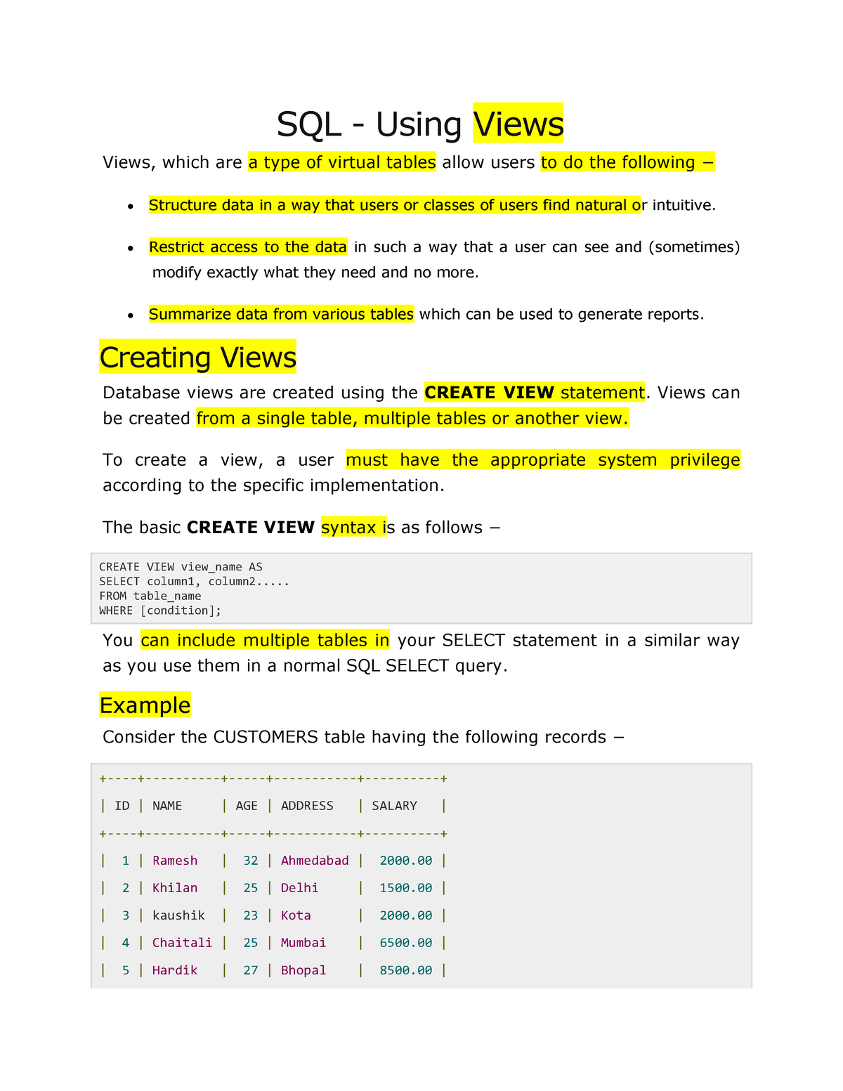 Views - Sql - SQL - Using Views Views, Which Are A Type Of Virtual ...