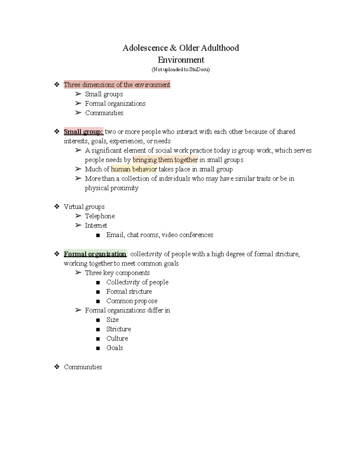 Older Adulthood: Environment Notes - Adolescence & Older Adulthood ...