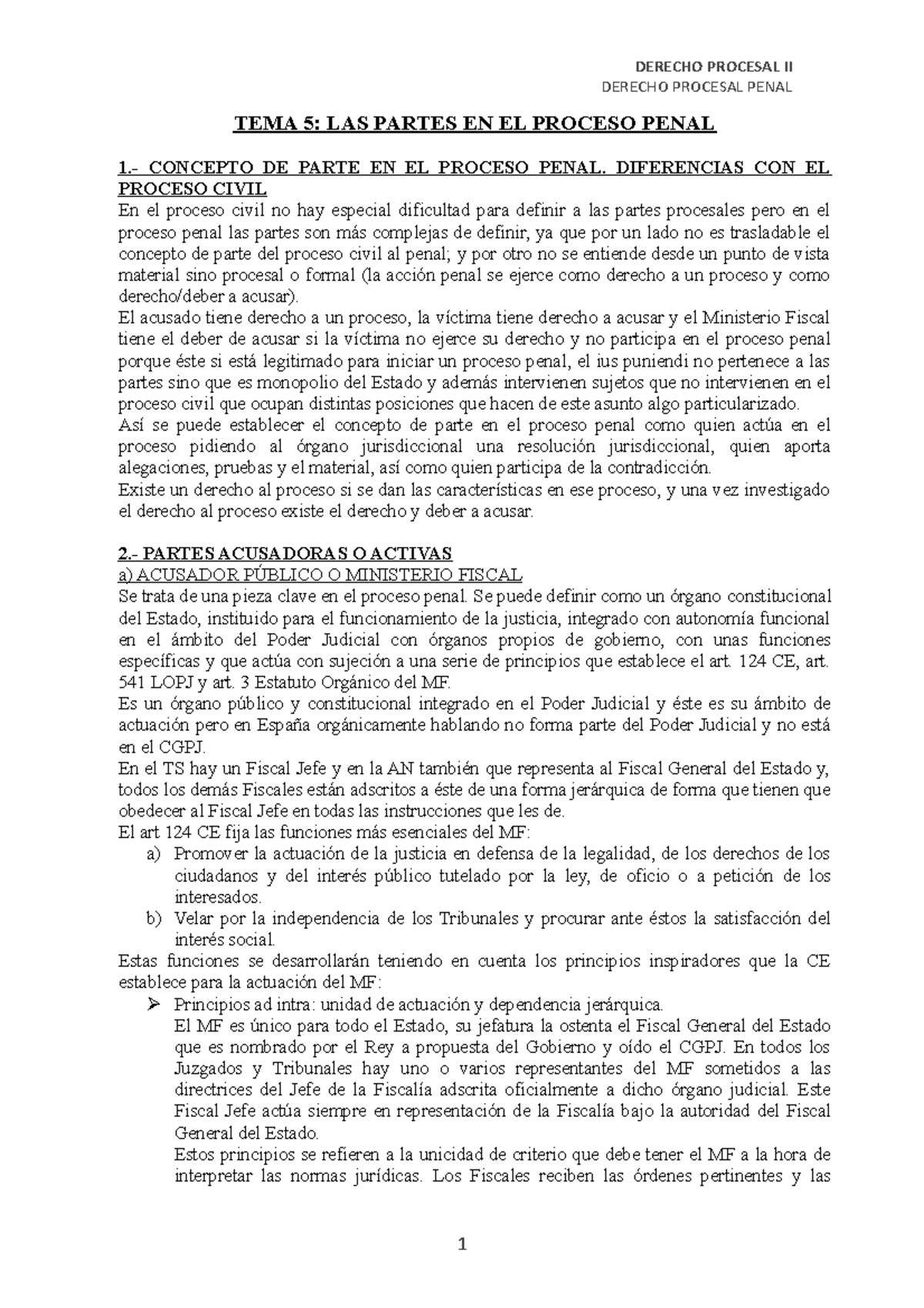 TEMA 5 Procesal II Penal - DERECHO PROCESAL PENAL TEMA 5: LAS PARTES EN ...