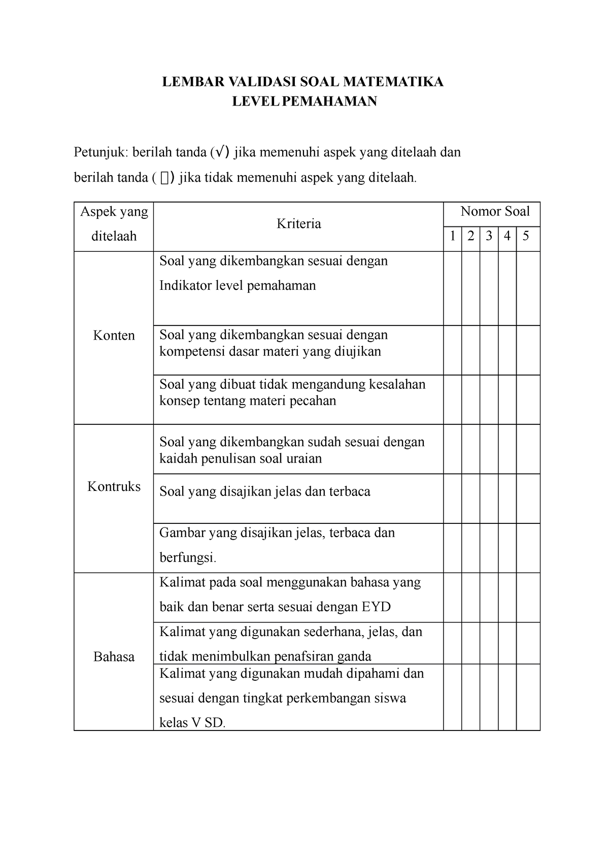 Lembar Validasi SOAL Level Pemahaman - LEMBAR VALIDASI SOAL MATEMATIKA ...