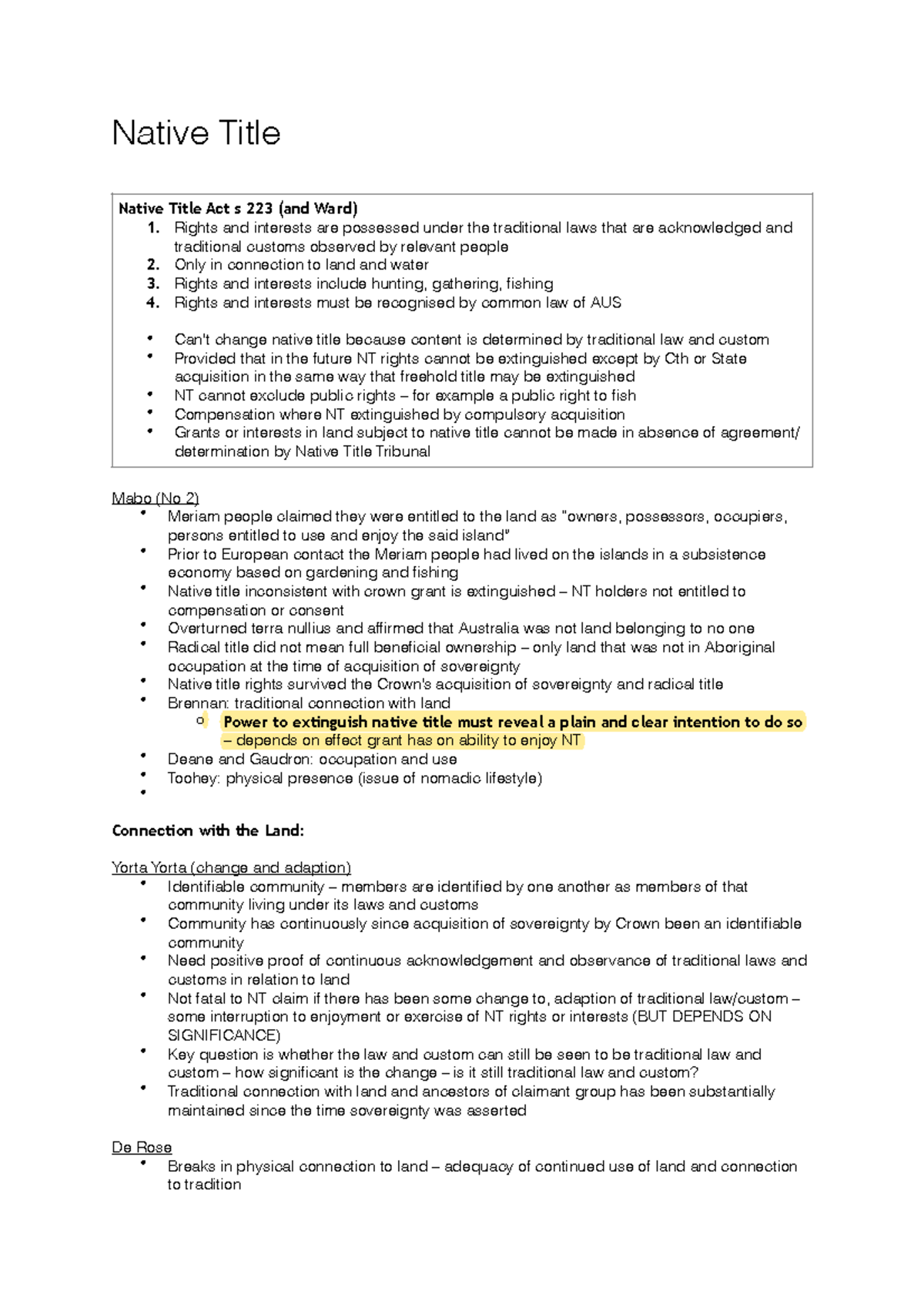 LAND LAW Final EXAM Notes - Native Title Mabo (No 2) - Meriam people ...