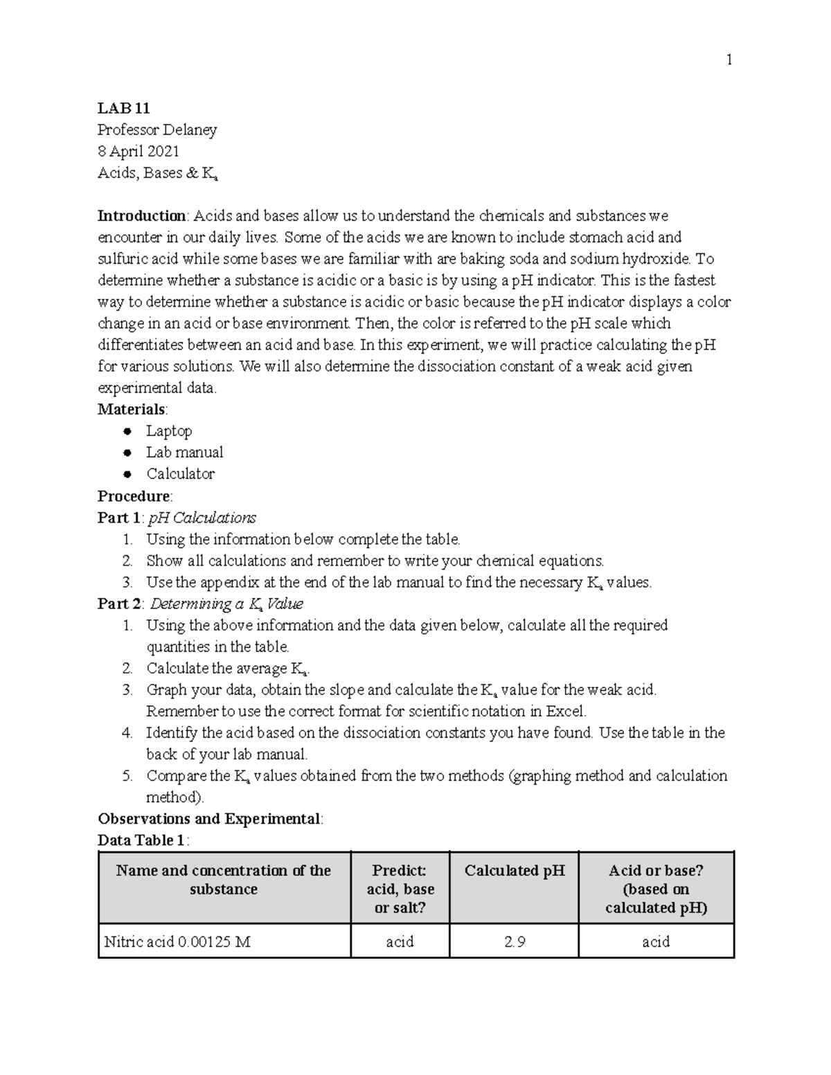 CHEM 10606 LAB 11 Lab report LAB 11 Professor Delaney 8 April 2021