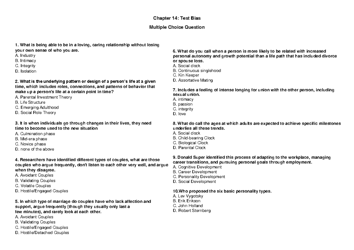 Chapter 14 - devpsych mcq - Chapter 14: Test Bias Multiple Choice ...