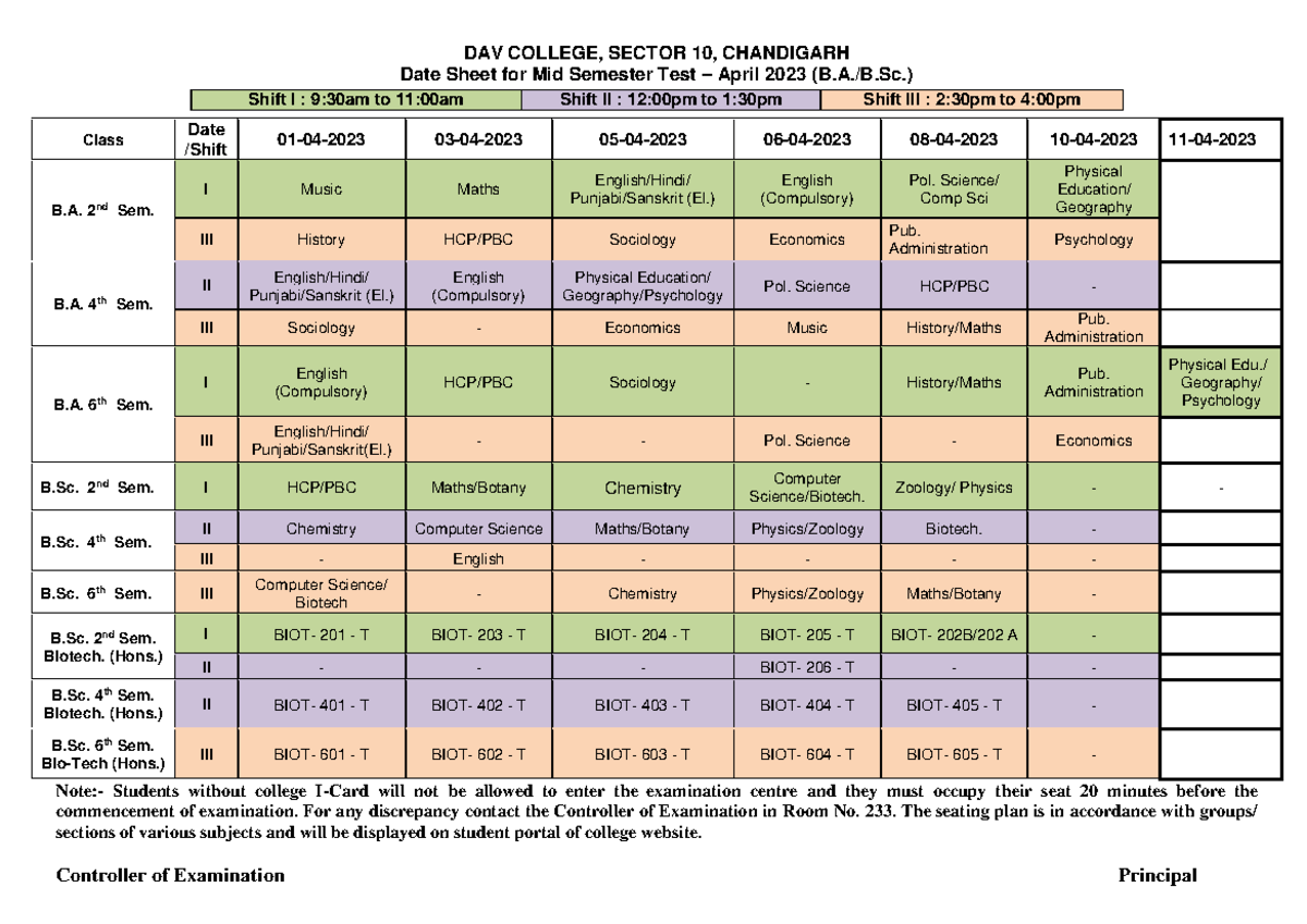 Date Sheet MST April 2023 Date Sheet for Mid Semester Test April