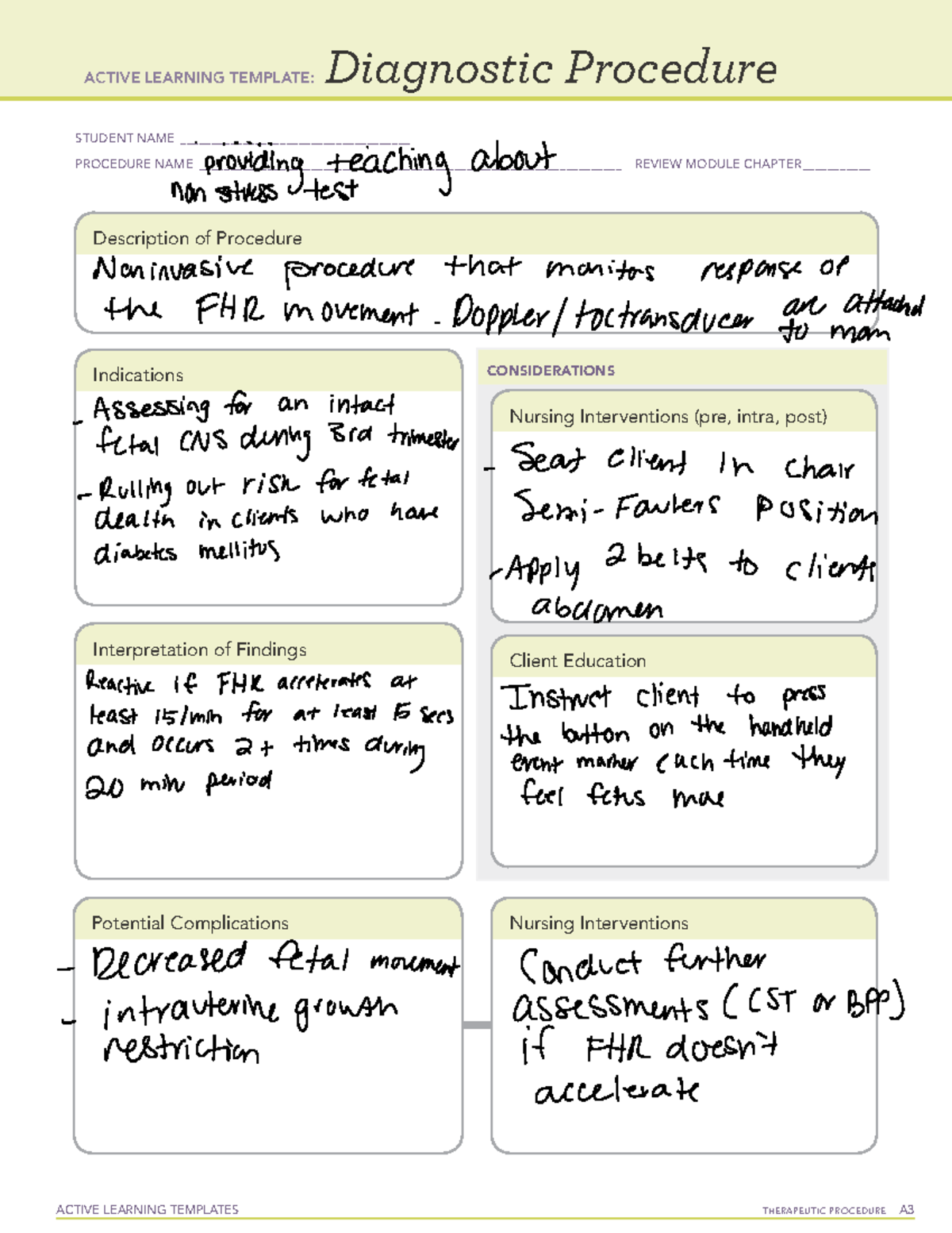 ATI Providing teaching about nonstress test ACTIVE LEARNING TEMPLATES