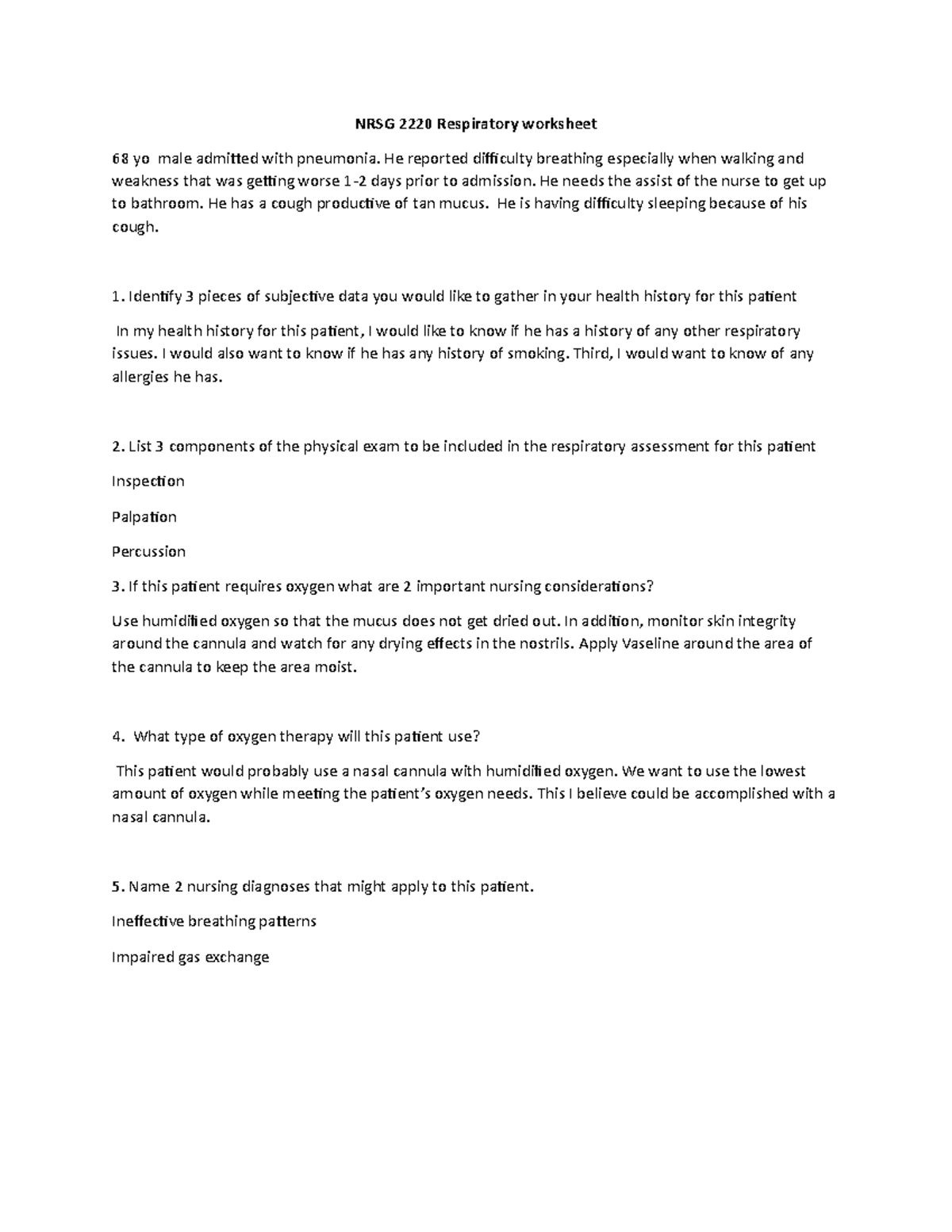 Respiratory worksheet FL 20Student - NRSG 2220 Respiratory worksheet 68 ...