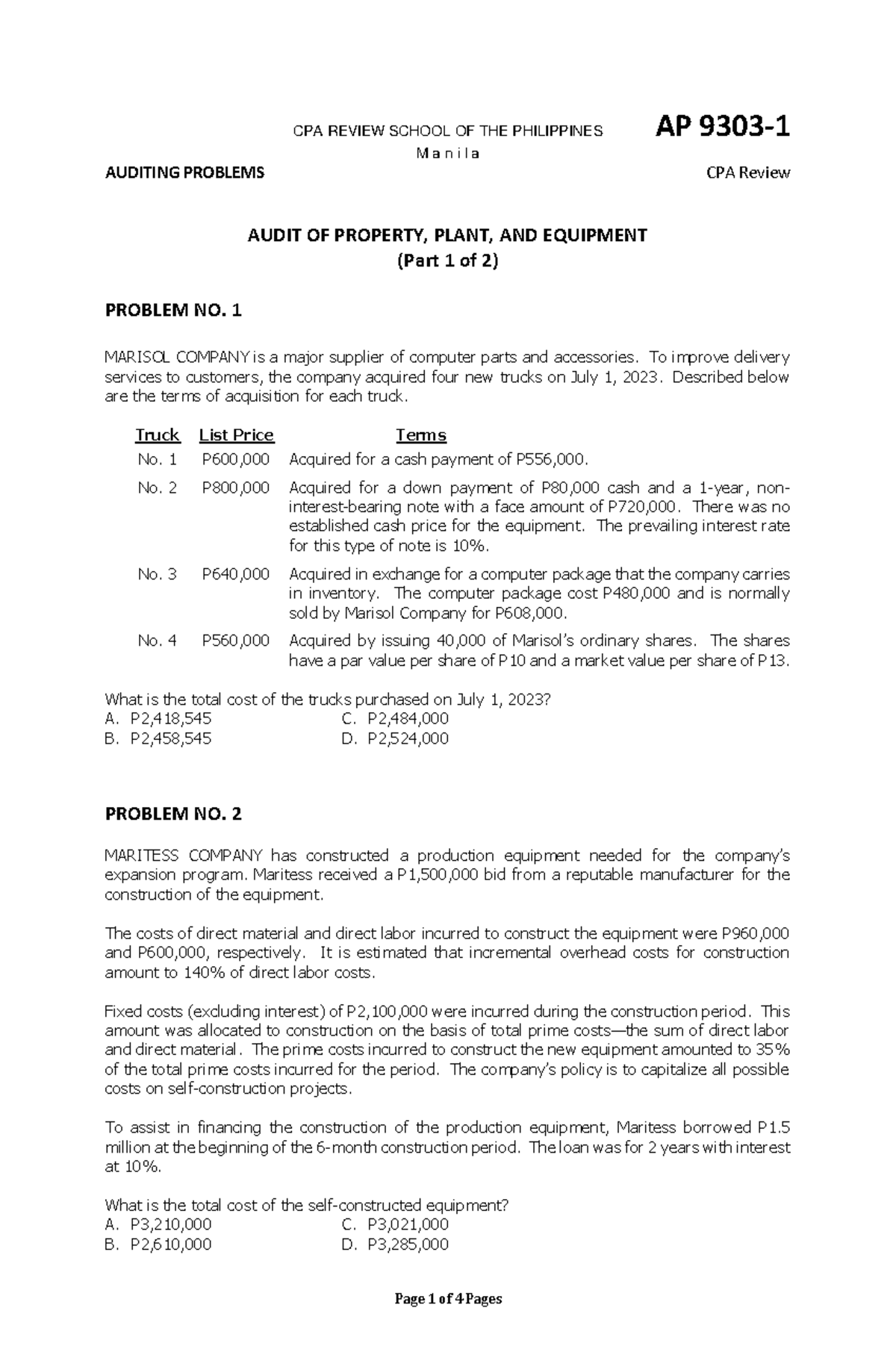 AP 9303-1 PPE - Helpful - CPA REVIEW SCHOOL OF THE PHILIPPINES AP 9303 ...