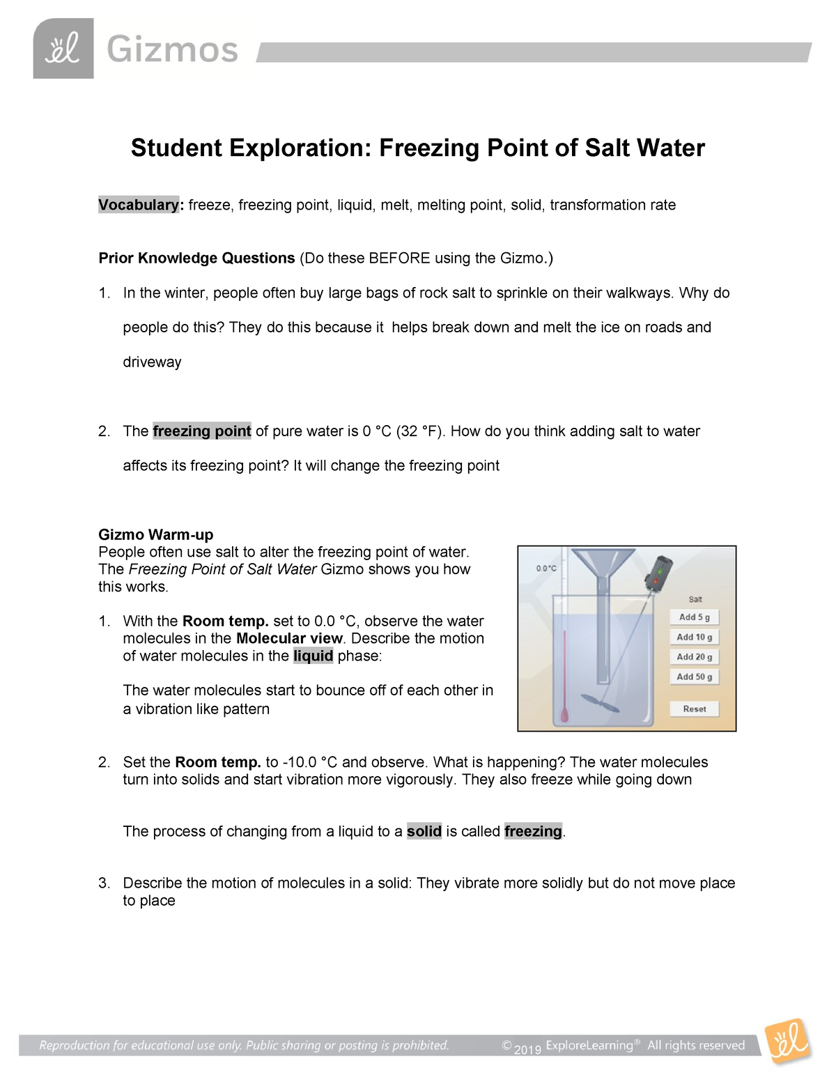 Freezing Point gizmo - Student Exploration: Freezing Point of Salt ...