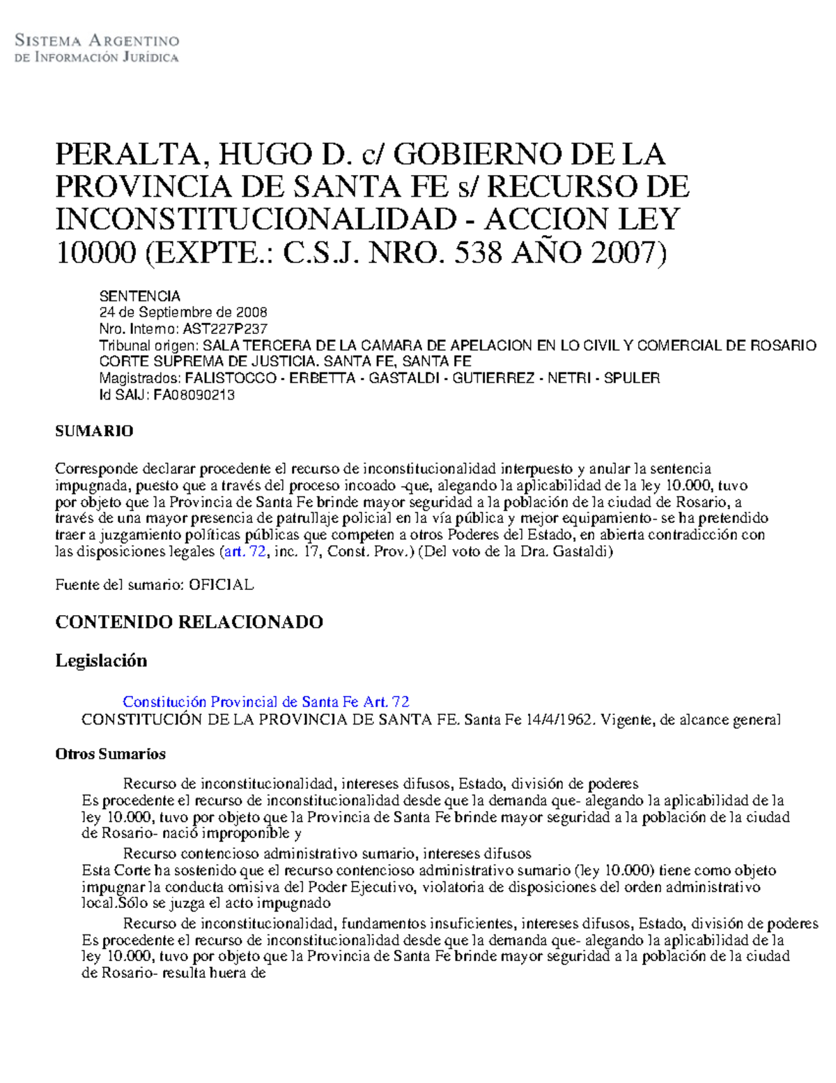 Peralta, HUGO D. C Gobierno DE LA Provincia DE Santa FE S Recurso DE ...