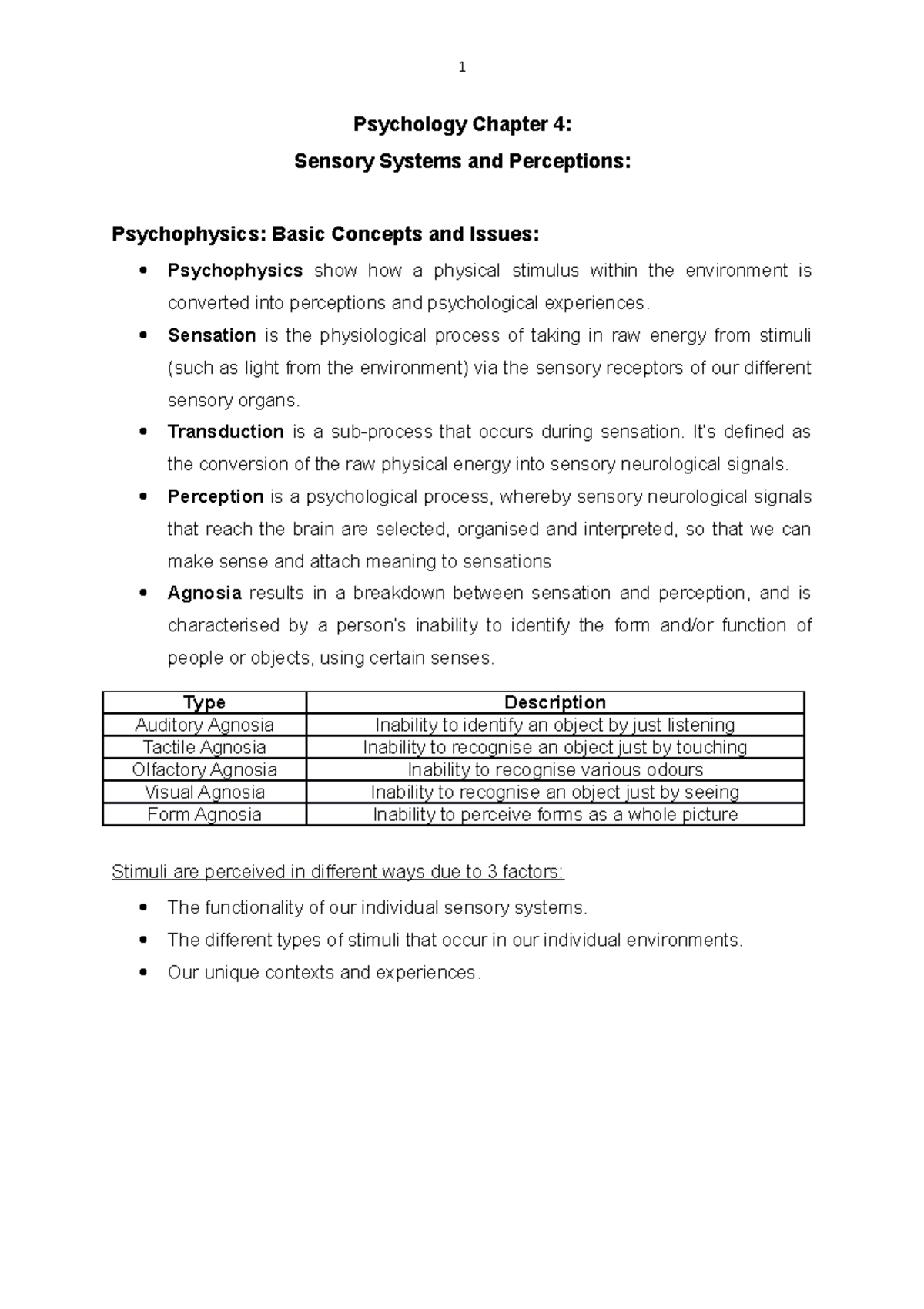 Chapter 4 Summary - 1 Psychology Chapter 4: Sensory Systems And ...