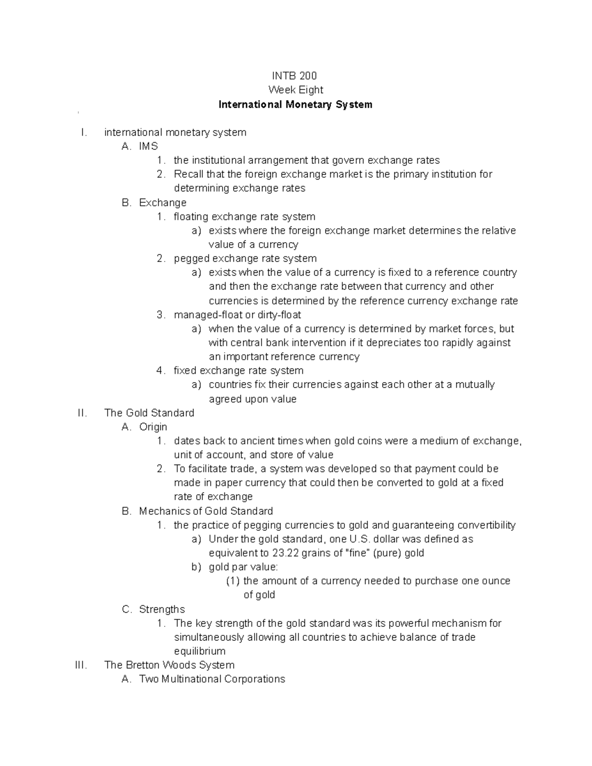 International Monetary System - INTB 200 Week Eight International ...